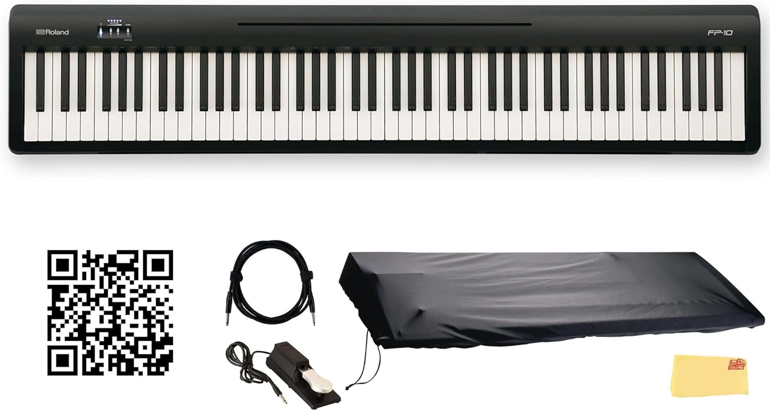 Roland FP-10 88-Key Digital Piano Bundle with Sustain Pedal, Cover, Cable, Online Piano Lessons, Austin Bazaar Instructional Video and Polishing Cloth