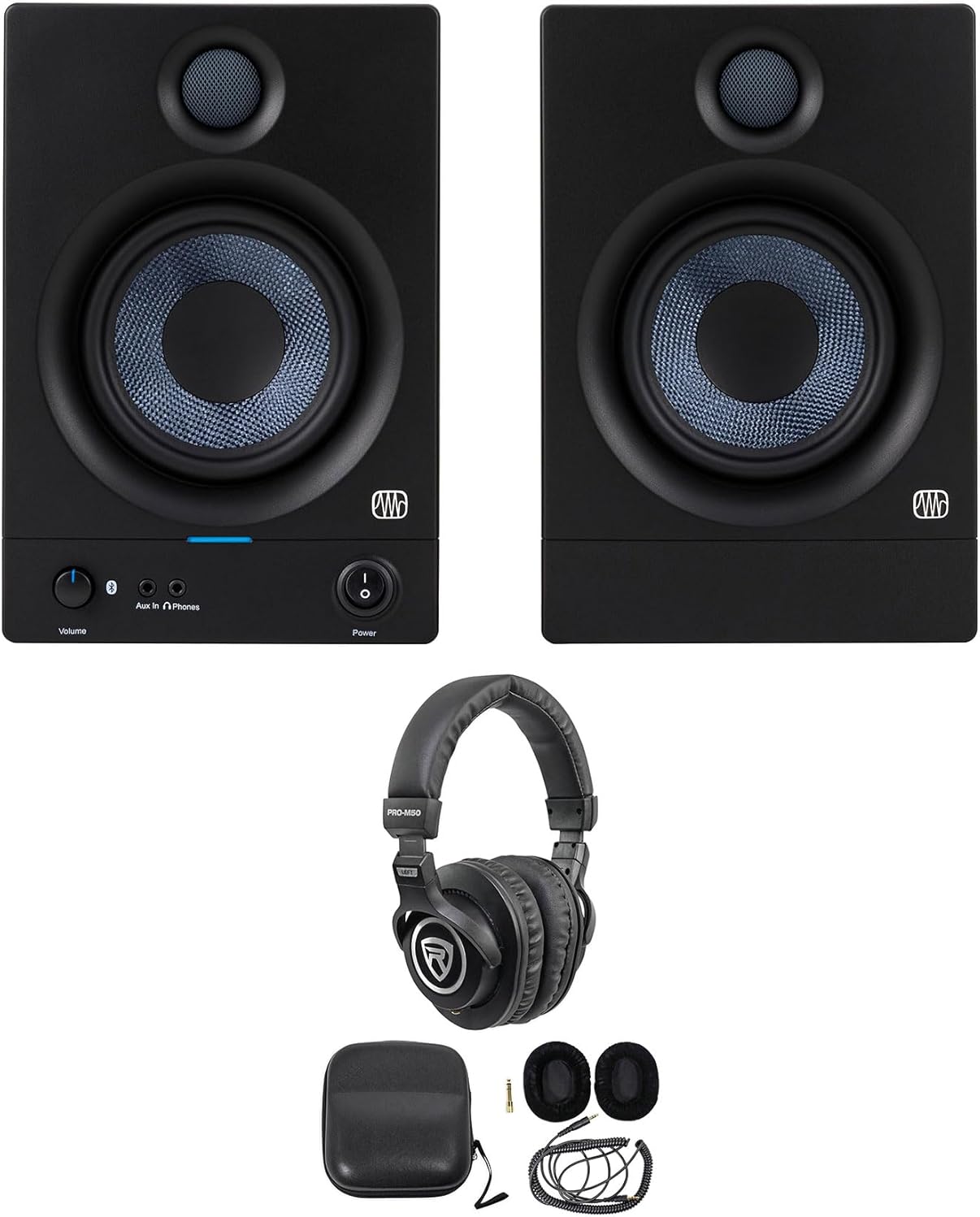 Audiosavings Bundle: (1) Pair Presonus Eris 5BT 2nd Gen Studio Monitors Speakers w/Bluetooth Bundle with (1) Rockville PRO-M50 Studio Headphones w/Detachable Coil Cable,Case+Extra Ear Pad (3 Items)