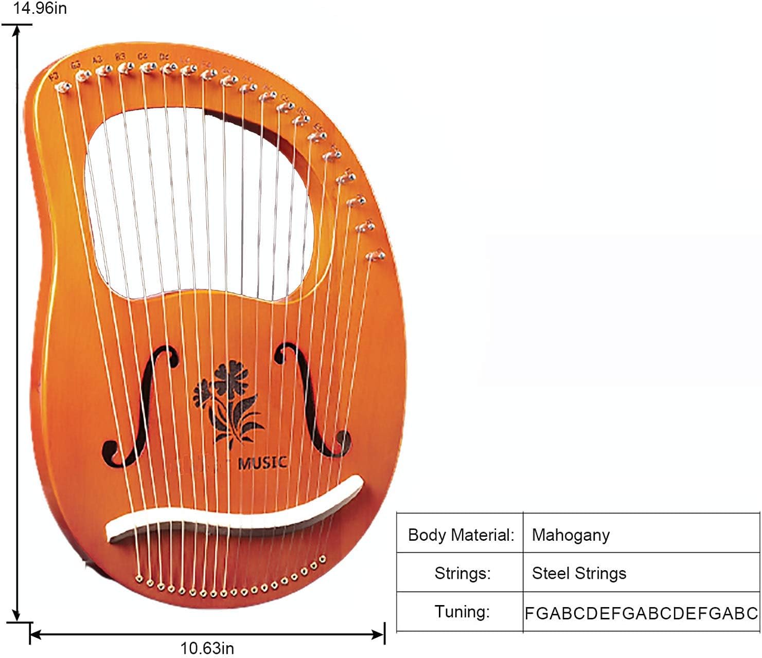 Lyre Harp 19 String Solid Wood String Instrument Heptachord Mahogany with Tuning Wrench, Picks and Bag, Best Gift for Beginners Music Lovers (Color : H)