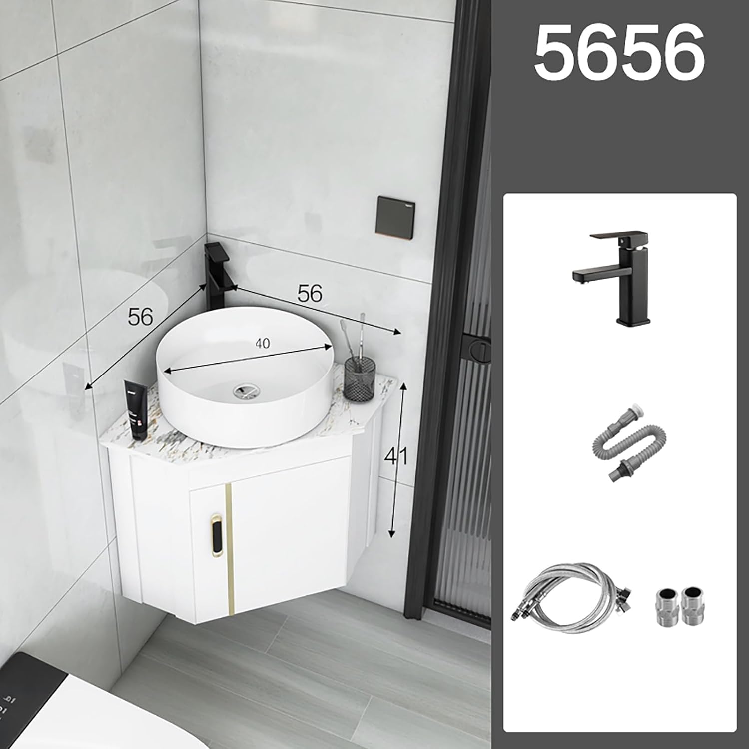 Corner Sink, Heavy-Duty Bathroom Vanity Sink, Corner Wall Mount Bathroom Sink, Pedestal Sink Set with Faucet and Drain, Bathroom Vanity Sink Combo for Small Space(56cm)