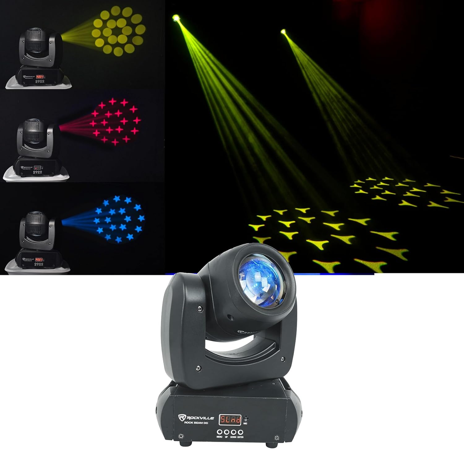Rockville Rock Beam DC 120W Moving Head Light, 7+1 Gobos, 18-Facet Prism, DMX Control, for DJs and Club Stages