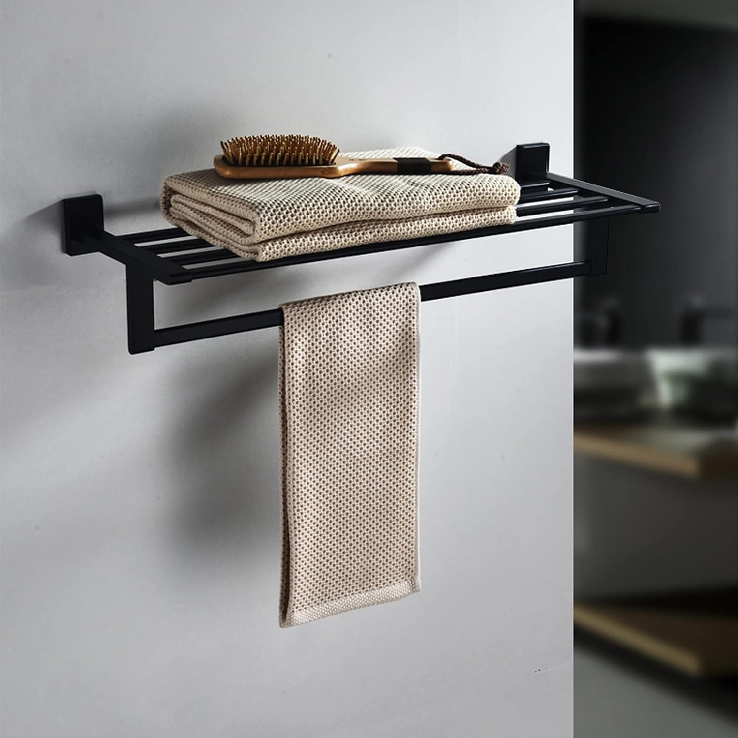 Shower Caddy Bathroom Shelf Bath Towel Rack 24 Inch Bathroom Shelves, Towel Holder Wall Mount，Wall Mounted Bathroom Wall Shelves with Towel Bar(Black) Shower Organizer