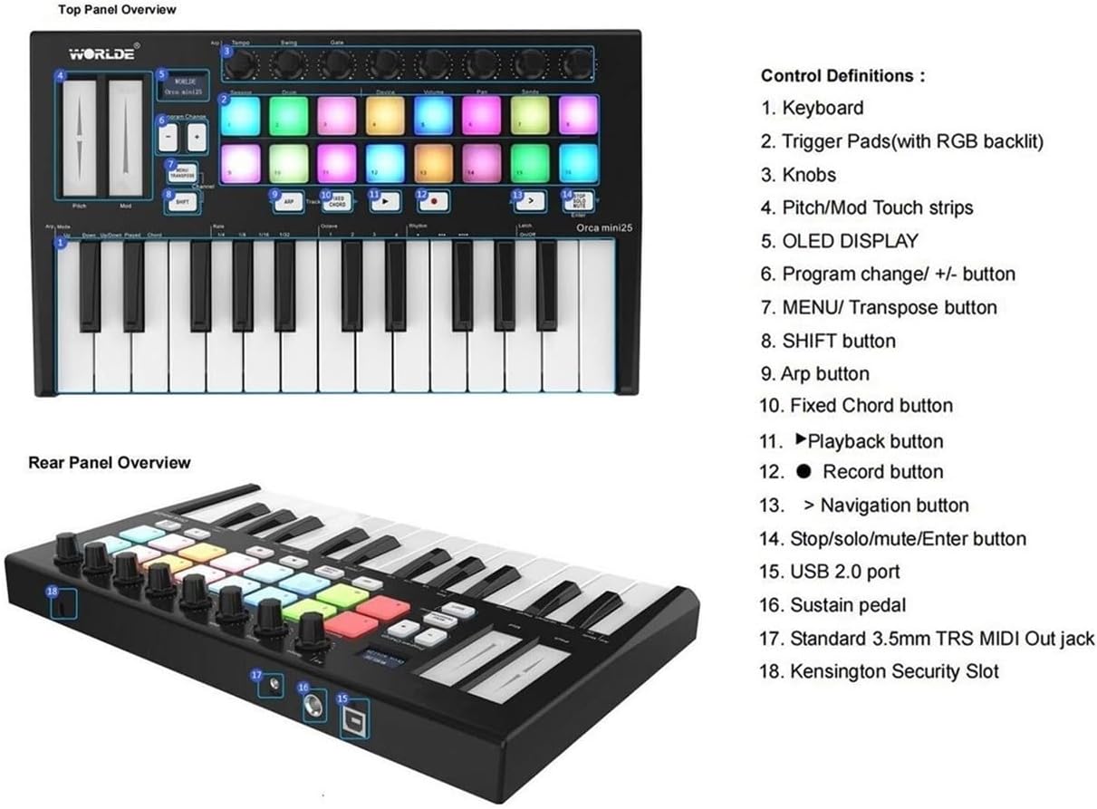 Portable 25-Key USB MIDI Keyboard Controller – 16 RGB Backlit Pads, 8 Assignable Knobs, Velocity-Sensitive Keys for Music Production