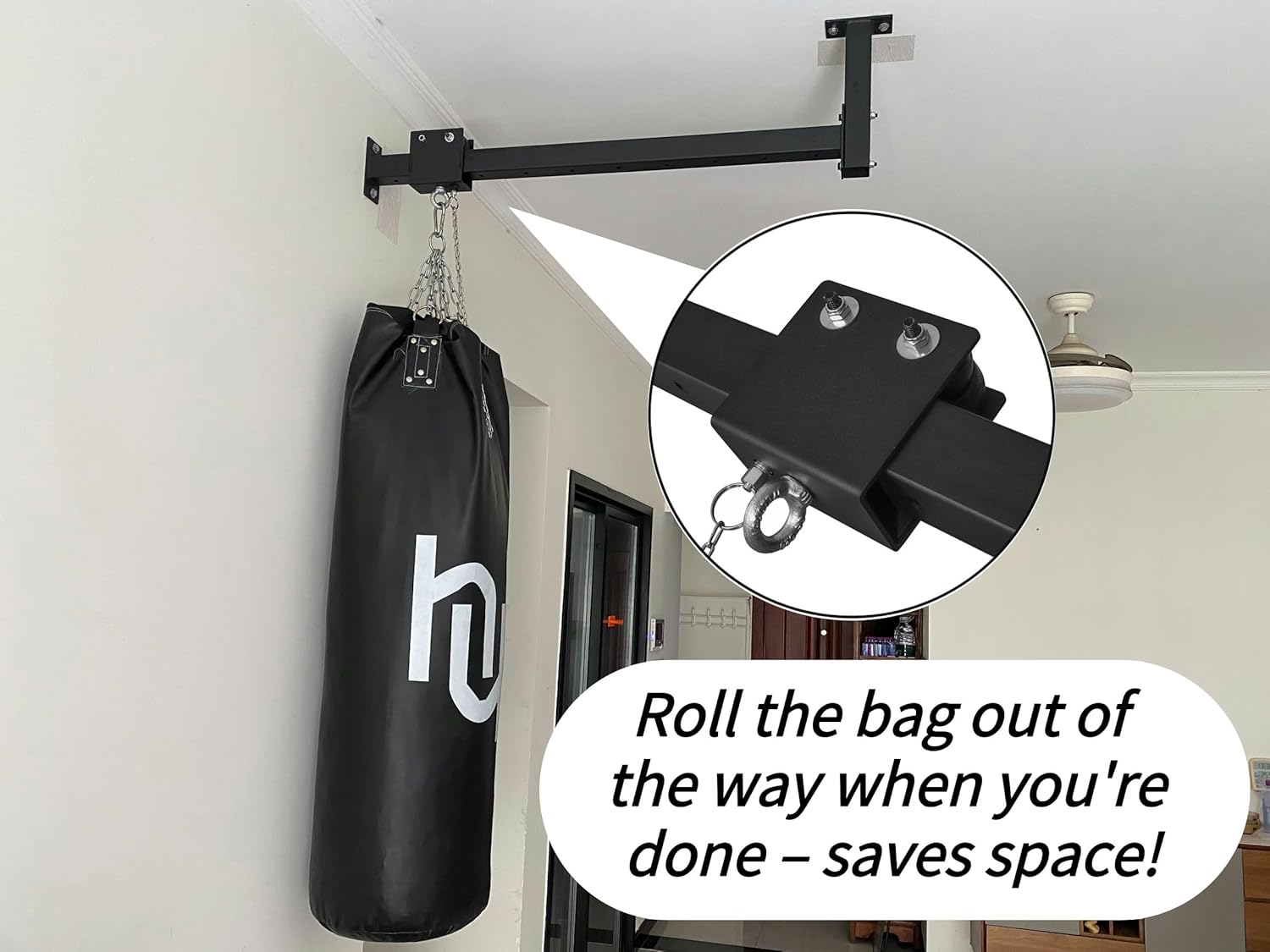 Wall Ceiling Heavy Bag Hanger Roller Mount Saving Space 44'' Long Ease Adjust for Heavy Punching Bags up to 300 LBS