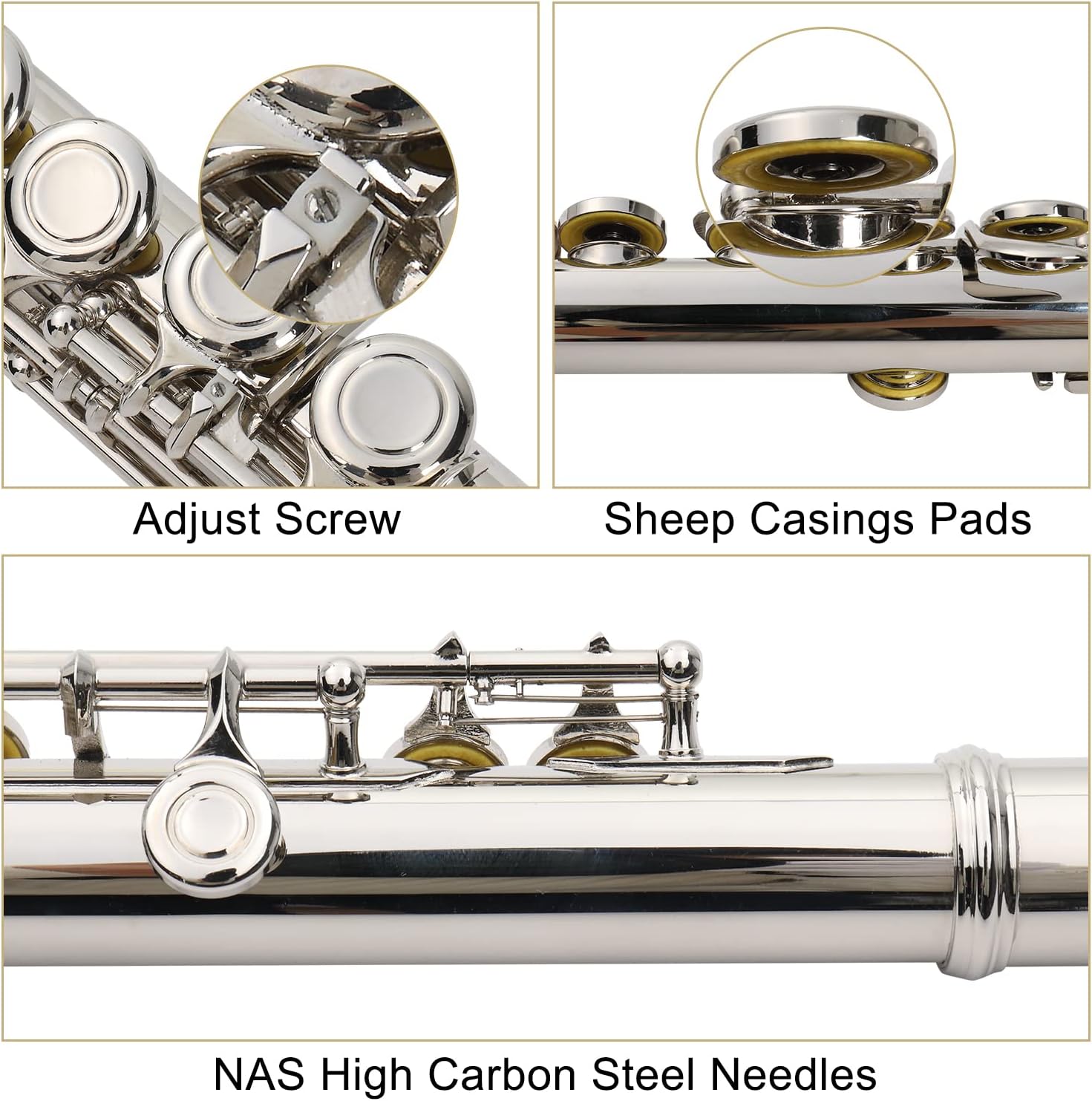 Ktaxon C Closed Hole Flute 16 Keys Flutes Kit for Students, Professionals & Beginner, Orchestra Musical Nickel Flute with Hard Case, Cleaning Rod, Cloth, Gloves (Silver)