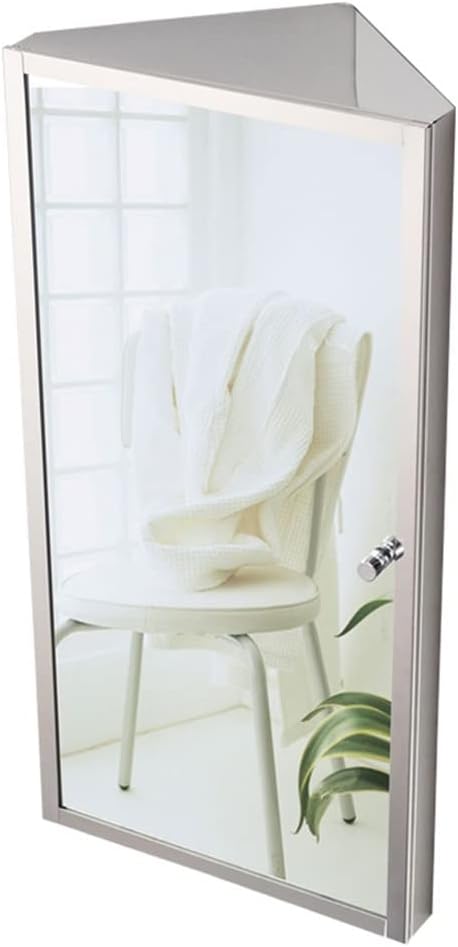 Wall Mount Corner Medicine Cabinet with Mirror, Bathroom Mirror Cabinet, Polished Stainless Steel - Left/Right Open Mirror Door, Three Shelves,11.8” X 23.6