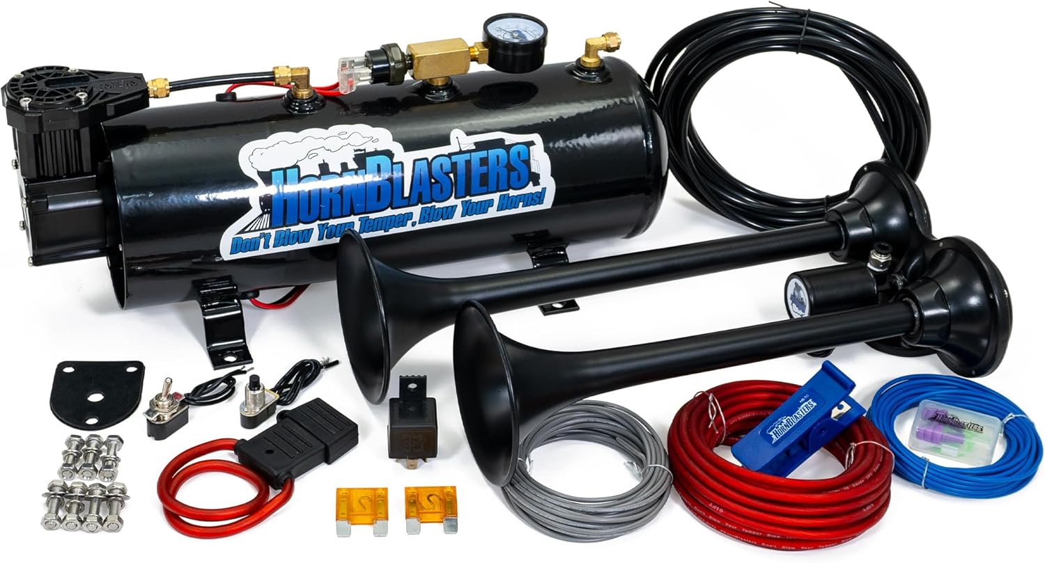 HornBlasters 12V 2-Chime 3-Liter Air Horn Kit with 120 PSI 3-Liter Air Source Unit & 2-Chime Stealth Black Air Horn for Cars & Trucks