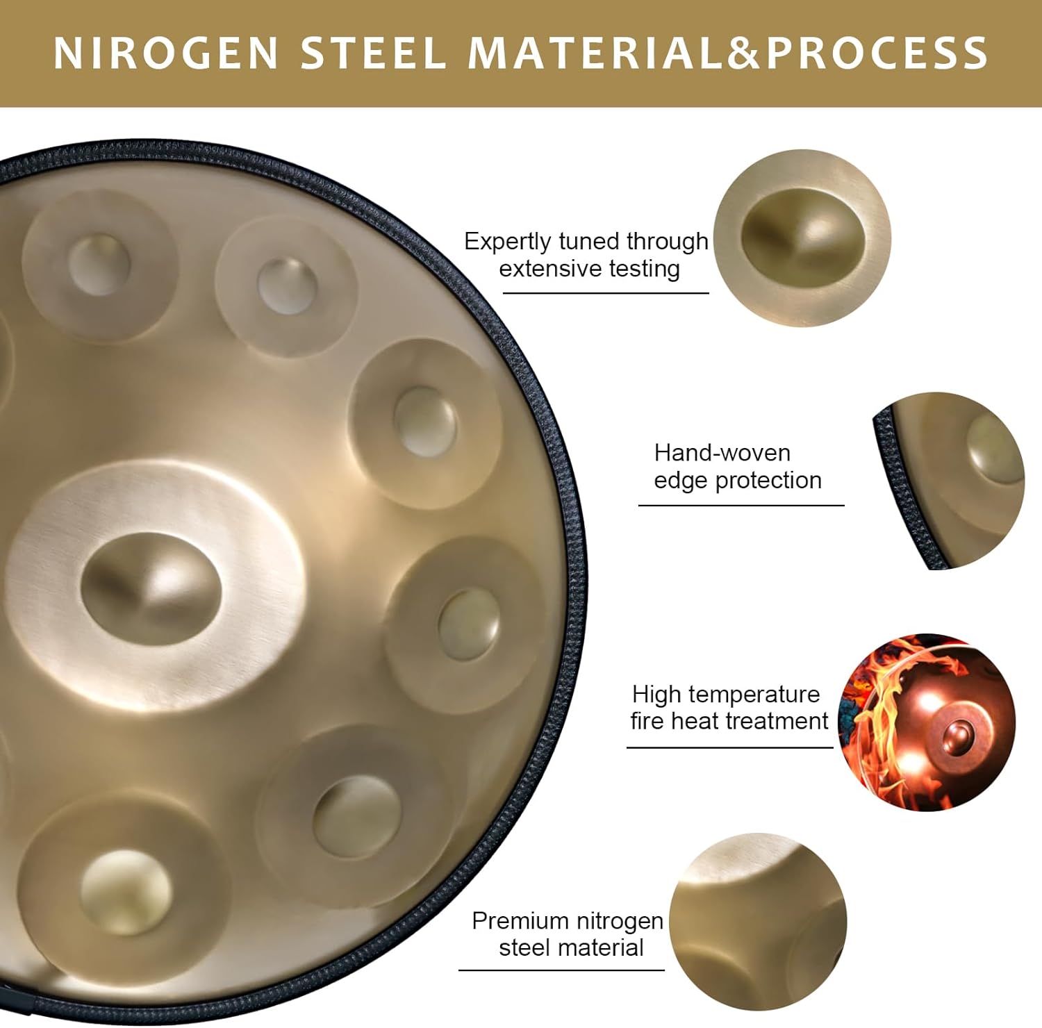 Handpan Drum 22 Inches D Minor Kurd, 432Hz 10 Notes Hand Drum Instrument, Premium Steel Drum, Handpan Instrument for Adults (Gold)