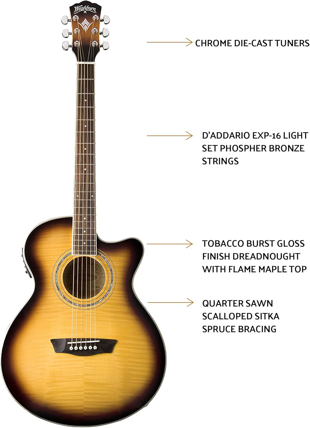 Washburn Festival EA15 Mini Jumbo Cutaway, Acoustic Electric Guitar, Tobacco Burst