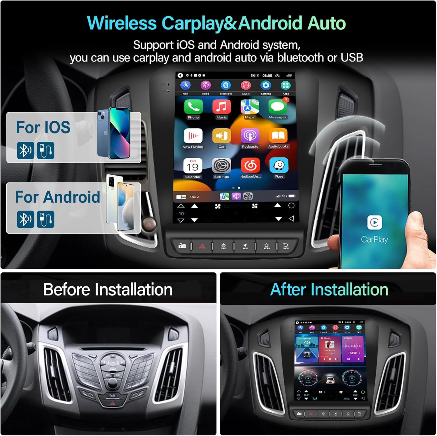 2G+64G Android 13 Car Stereo Radio for Ford Focus 2012-2018 with Wireless CarPlay/Android Auto, 9.7 inch Touch Screen Head Unit, GPS Navigation WiFi Bluetooth SWC HiFi Audio HD Backup Camera