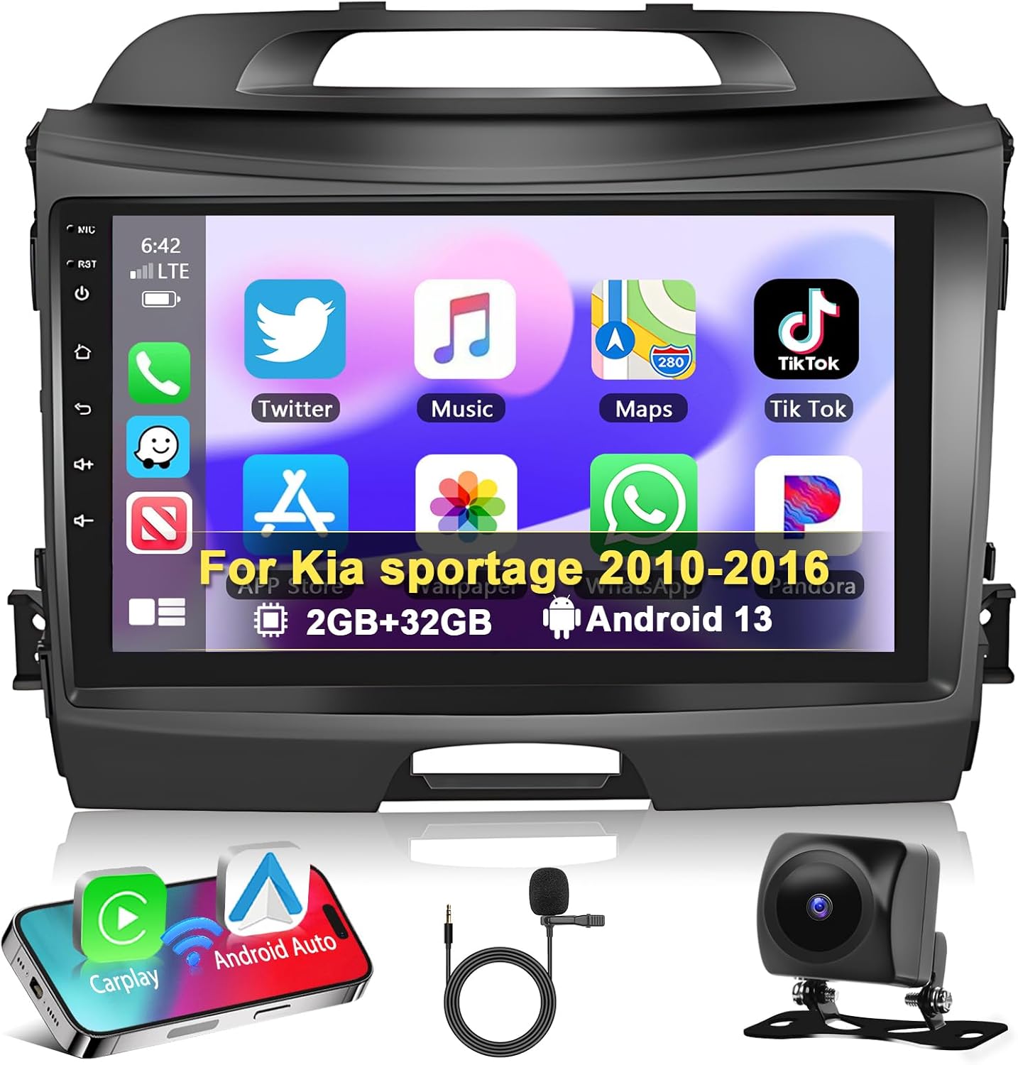 Car Stereo for Kia Sportage 2010-2016 Podofo 2+32G Android 13 Wireless Apple Carplay Android Auto, 9 Inch Touch Screen Car Radio with Bluetooth/GPS/WiFi/SWC/FM&RDS Radio + AHD Backup Camera + MIC