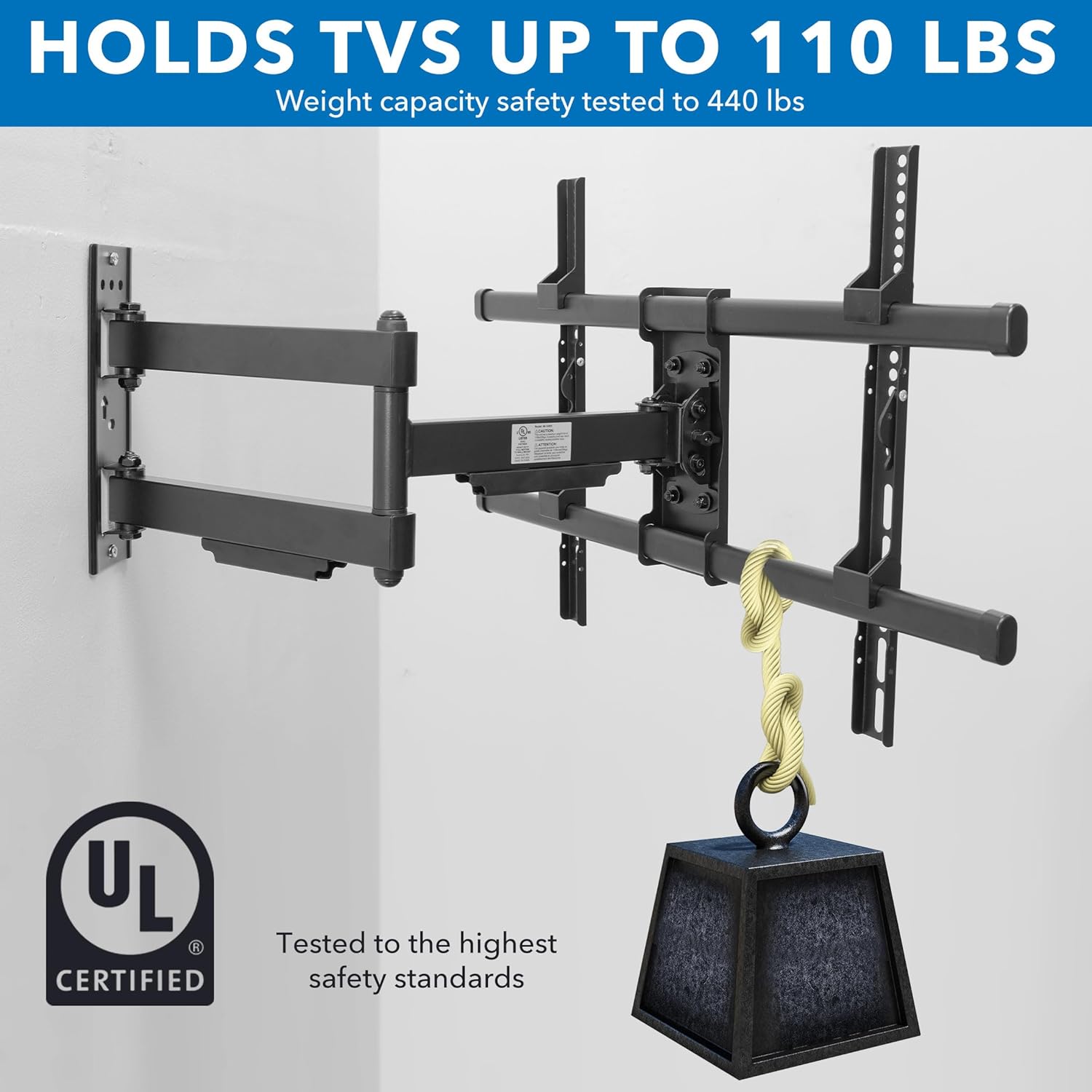 Mount-It! UL Certified Heavy Duty Full Motion TV Wall Mount for Most 37-80 Inch Flat Screen TVs, Wall Mount Bracket Max VESA 600x400, Holds up to 110lb, Full Motion TV Mount 55 inch, 65 inch, 80 inch