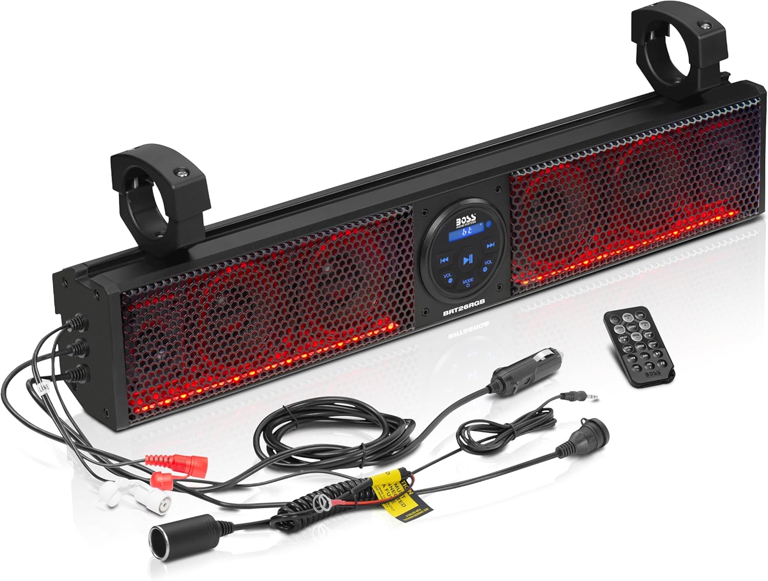 BOSS Audio Systems BRT26RGB ATV UTV Sound Bar - 26 Inches Wide, 4 inch Speakers, 1 Inch Tweeters, IPX5 Weatherproof, Bluetooth, Built-in Amplifier, Multicolor Illumination, Golf Cart Compatible