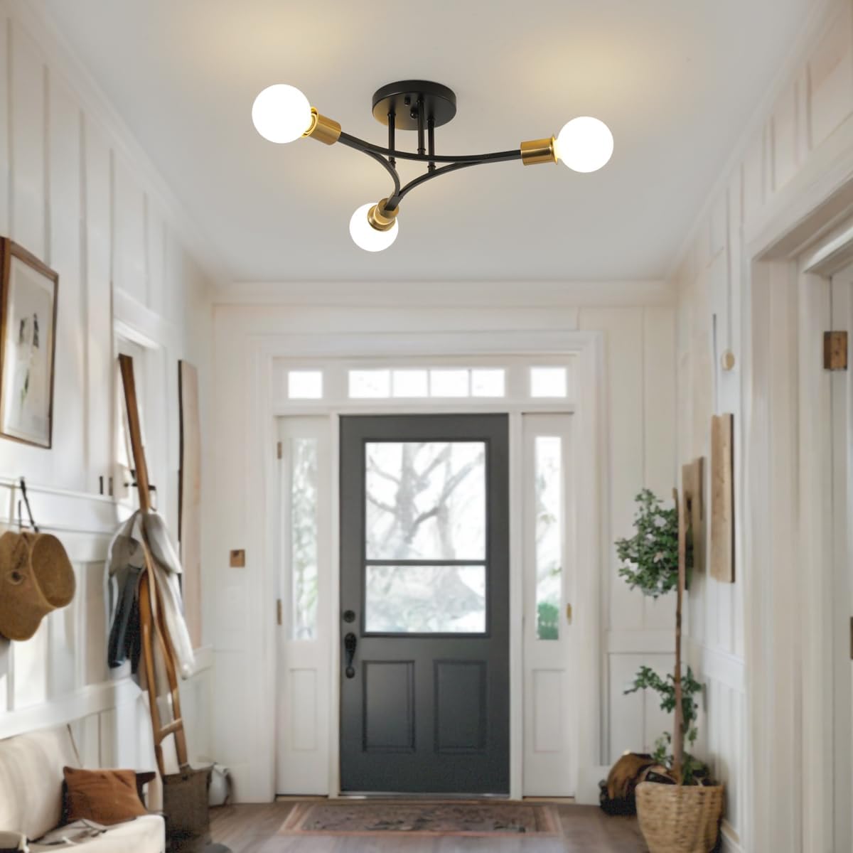 3-Lights Modern Sputnik Semi Flush Mount Ceiling Light Fixture Black and Gold,Mid Centur Sputnik Chandelier for Entryway,Hallway,Bedroom,Kitchen,Dining Room,Living Room(Bulbs Not Included)