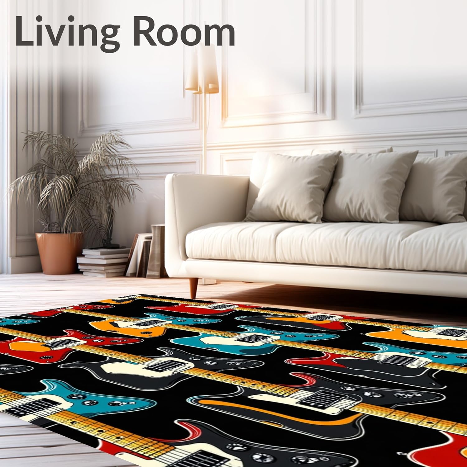 Flatwoven High Traffic Area Rug 8x10, Rock and Roll Music Themed Guitar Bass, Non Slip, Stain Resistant, Washable Area Rugs for Living Room, Bedroom (Black, 8x10)