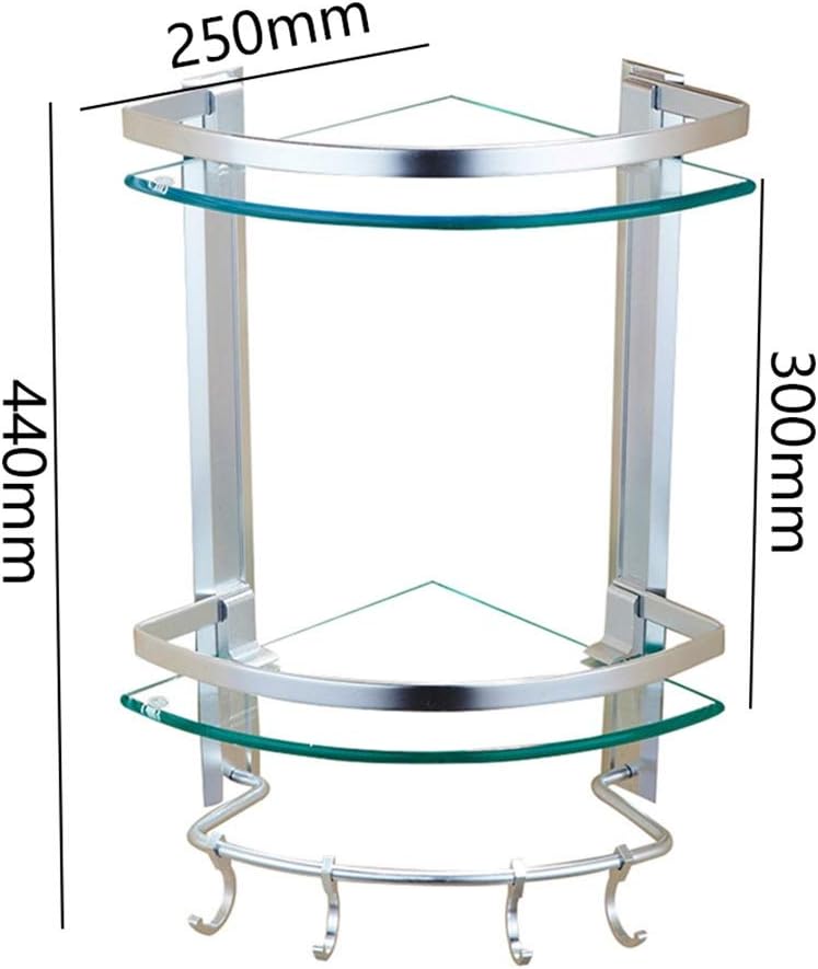 Shower Organiser Transparent Space Aluminum Tempered Glass Wall-Mounted 2 Tiers Hook Up Fan-Shaped Structure Dressing Table (Color : Clear, Size : 250x250x440mm)
