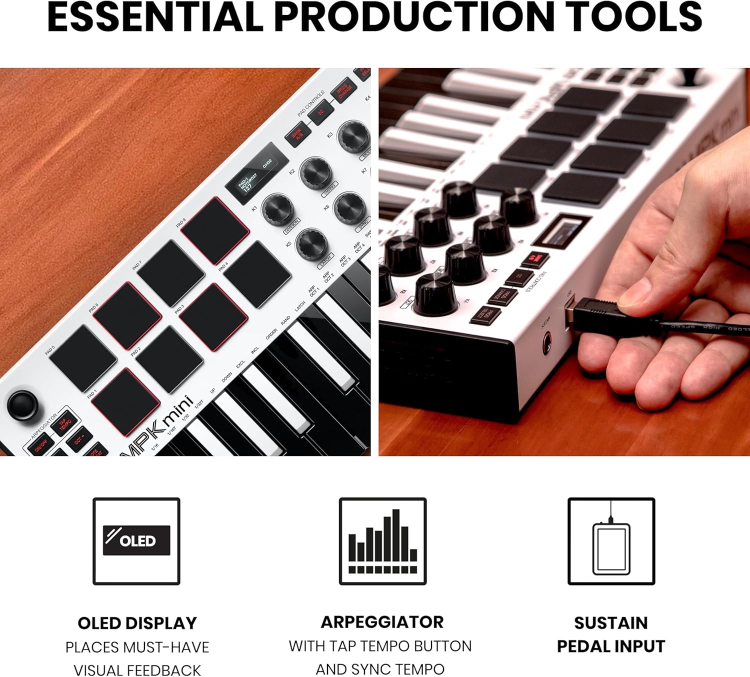 Akai Professional MPK Mini MK3-25 Key USB MIDI Keyboard Controller With 8 Backlit Drum Pads, 8 Knobs, Music Production Software and Native Instruments Sound Package (NKS Integration), White