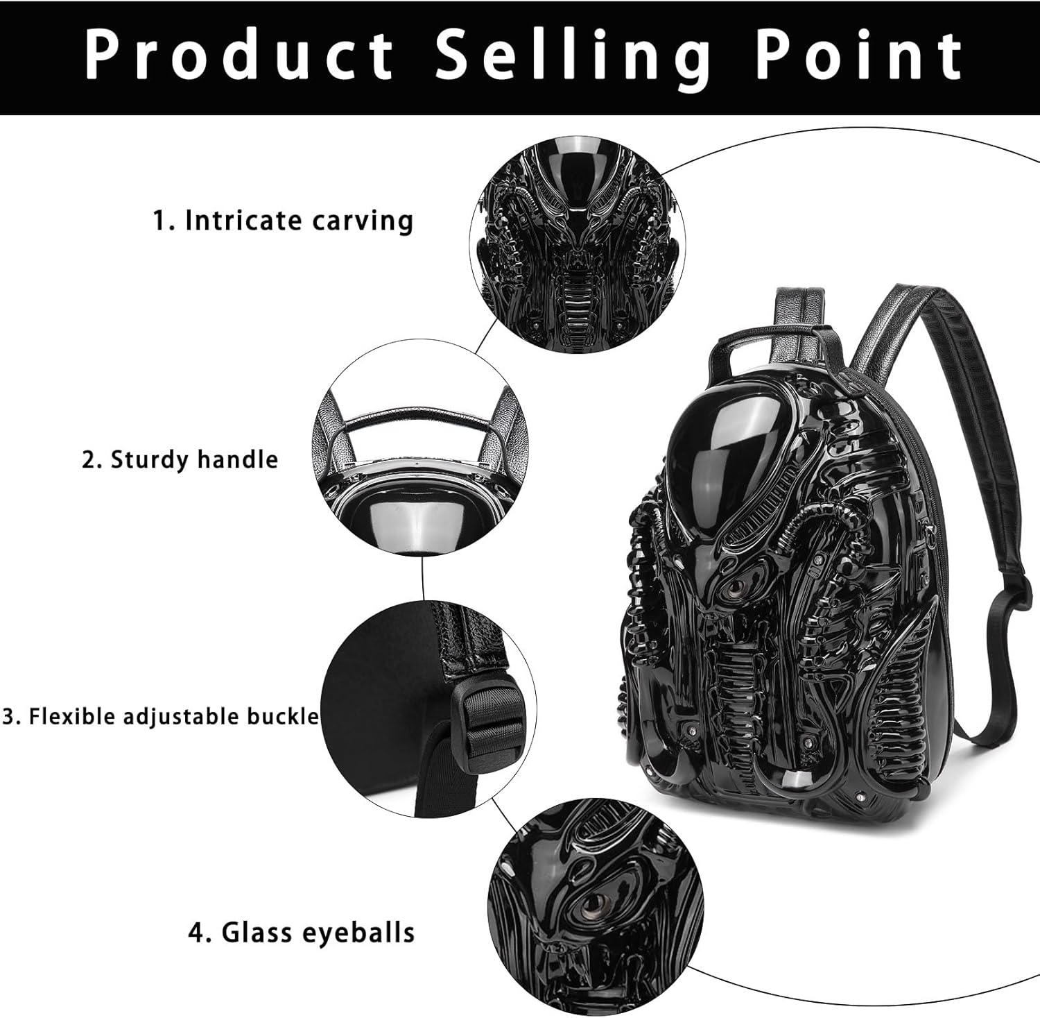 3D Xenomorph Shaped Backpack, Cool Alien Backpack Water-Resistant Casual Daypack for Travel College Gym, Black