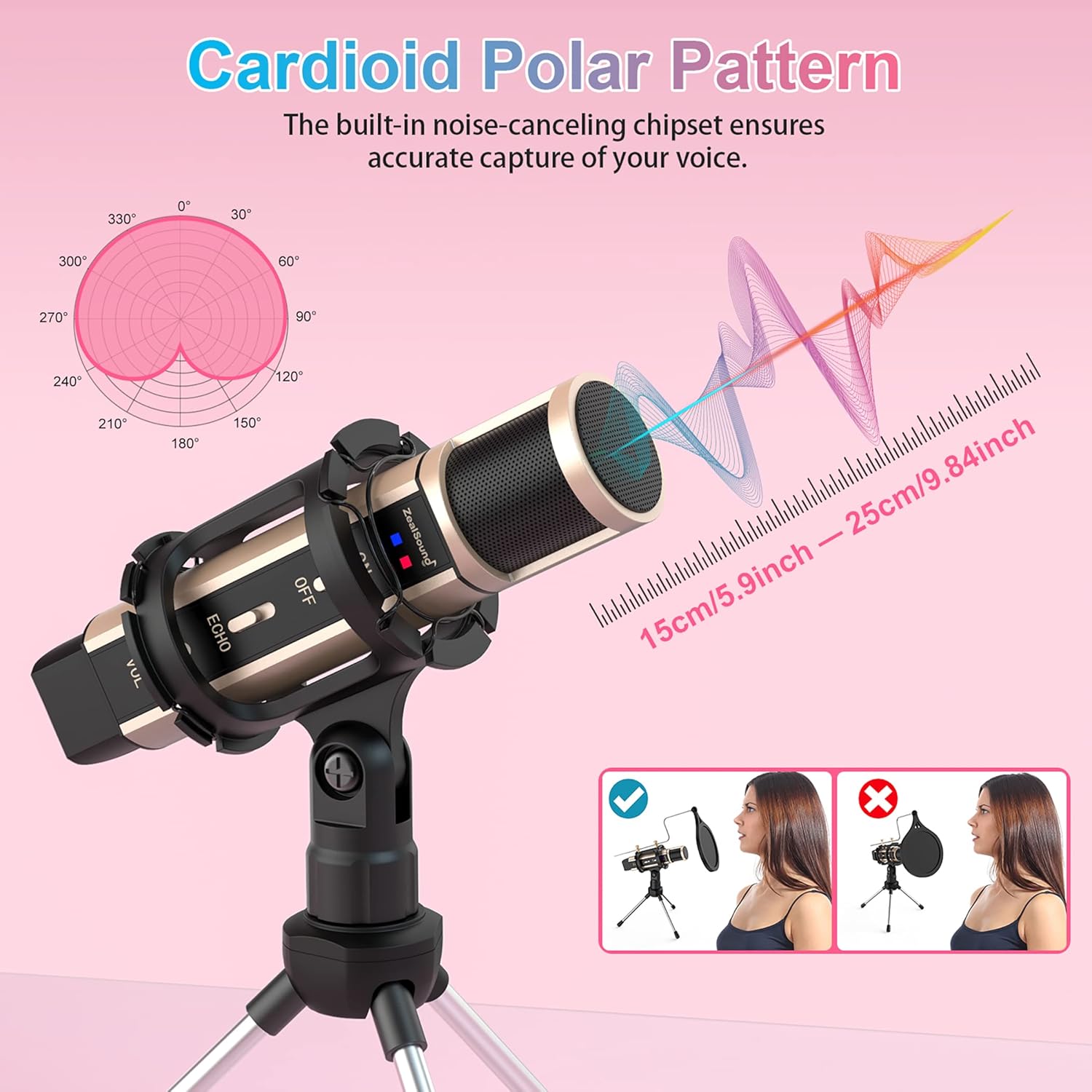 ZealSound k66w + k08-2s Gold Microphone Bundle