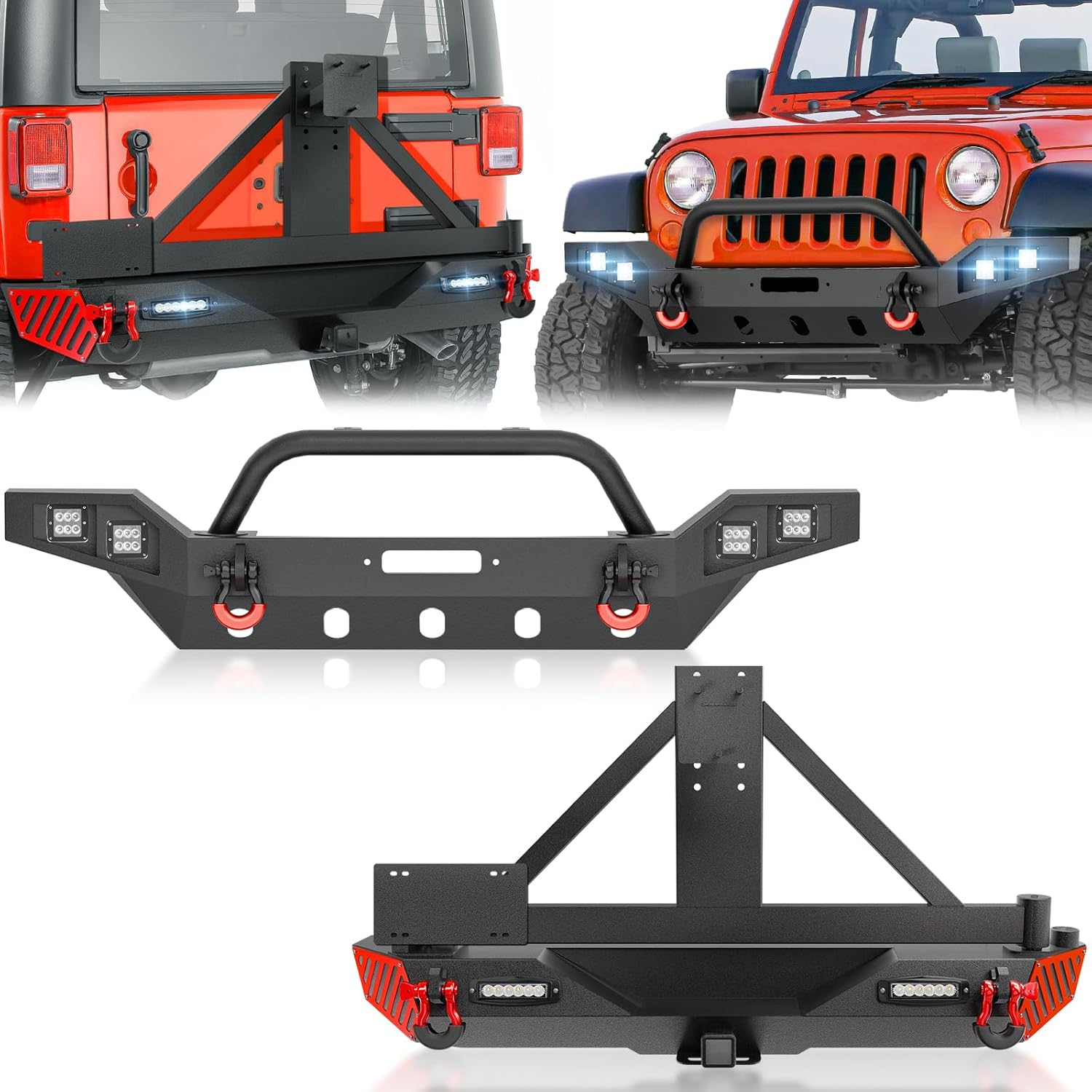 SUORTO Front & Rear Bumper Compatible with 2007-2018 Jeep Wrangler JK JKU With LED Lights, Tire Carrier, License Plate Frame, Winch Plate, Bull Bar, Paintable Armor, Hitch Receiver & D-ring