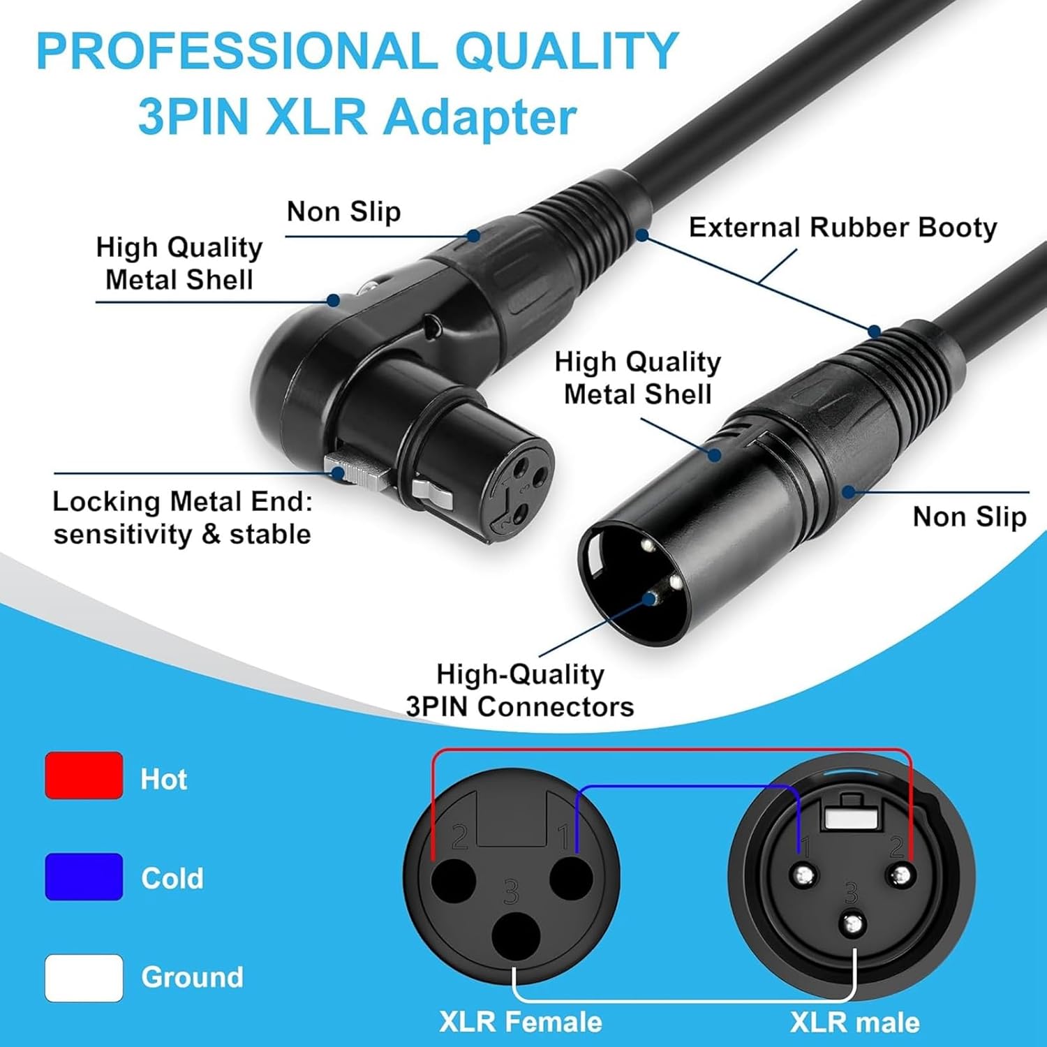 Microphone Extension Cable Adapter, 90° Female to Straight Male Cable with Self Locking Design, PVC 3 Pin Mic Connector for Speaker (1.8m/5.9ft) ()