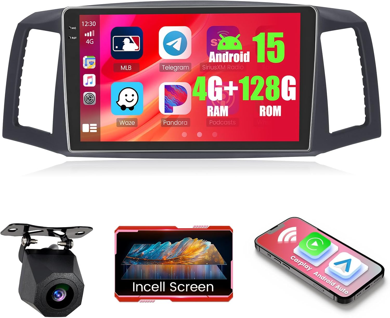 4+128GB Android 15 Car Radio for Jeep Grand Cherokee 2004 2005 2006 2007 Wireless Carplay Android Auto, Realdio Car Stereo 1280*720P 10.1