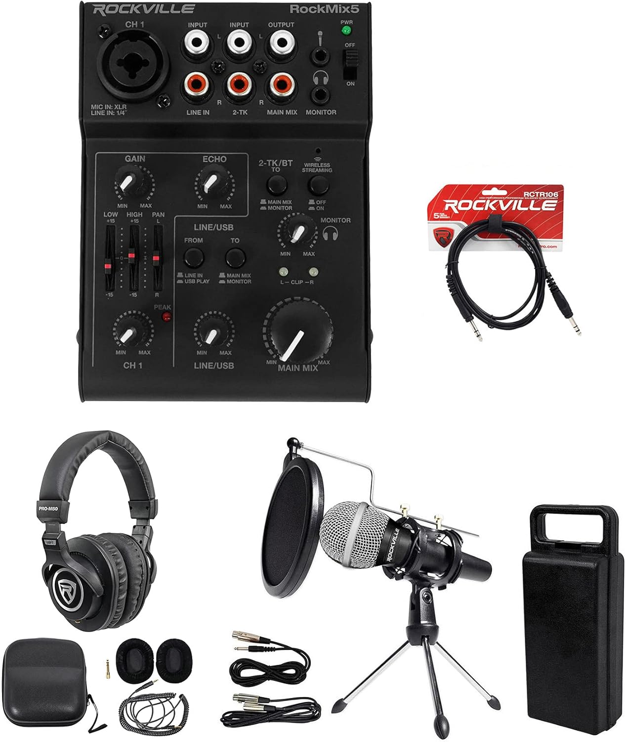 Rockville RockMix 5 Bundle: 5-Channel Pro Mixer with USB Interface & Bluetooth, PRO-M50 Studio Headphones, RCTR106B 6' TRS to TRS Balanced Cable, RMC-XLR Handheld Mic, RTMS21 Tripod Stand, 5-Items