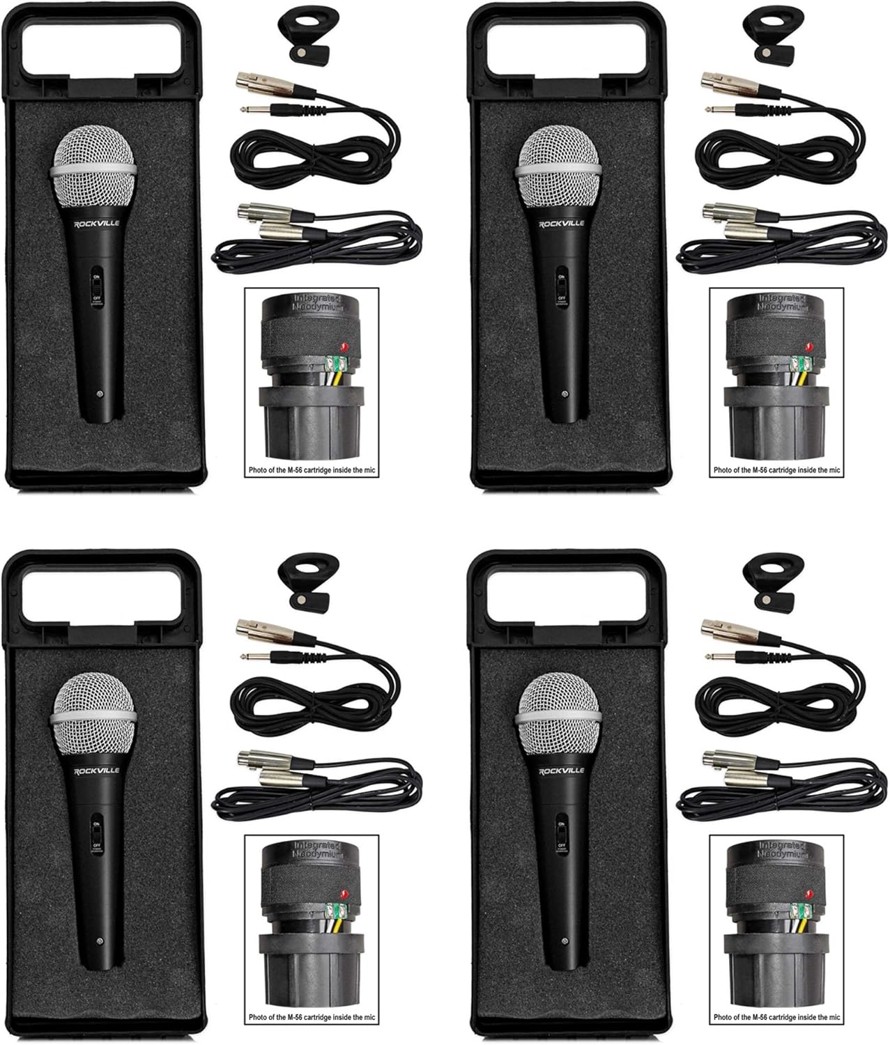 Rockville RMC-XLR Wired Dynamic Microphone, Full Metal Body, M-56 Cartridge, (2) 10 Ft OFC Cables, Mic Clip & Case, for DJs, Karaoke, and Live Performances, 4-Piece