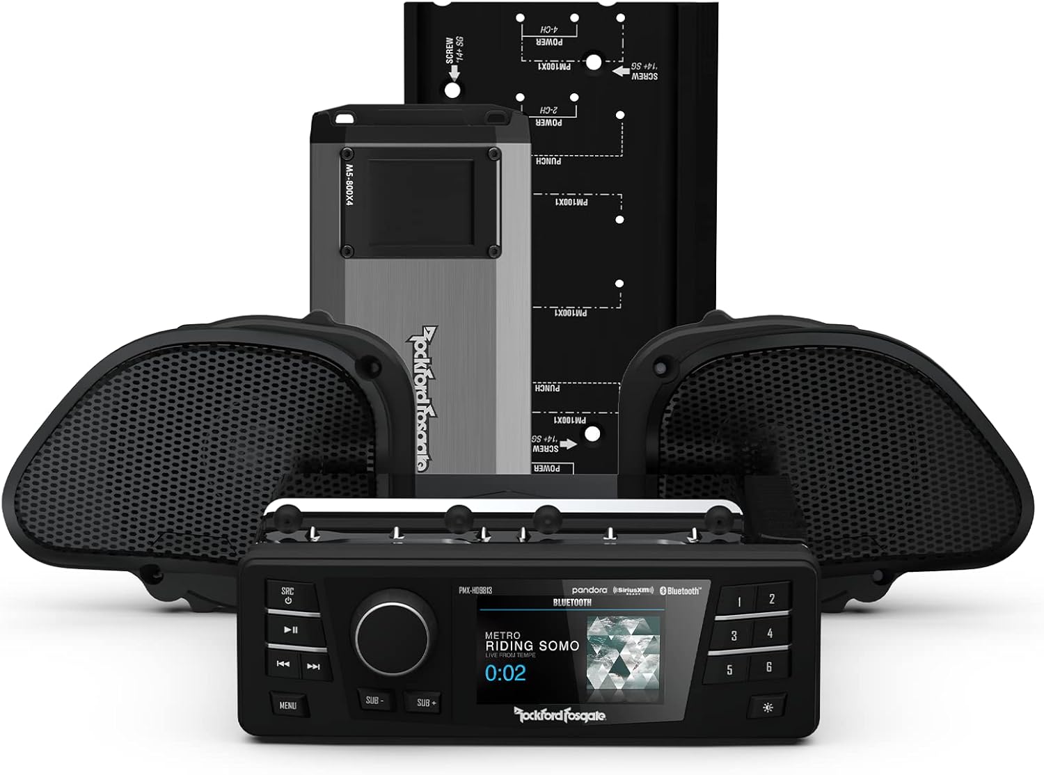 Rockford Fosgate HD9813RG-PMX-STG2 (Stage 2 + Radio) PMX Digital Media Receiver, Fairing Speakers and 800-Watt Amplifier Kit for Select 1998-2013 Harley Davidson Road Glide Motorcycles