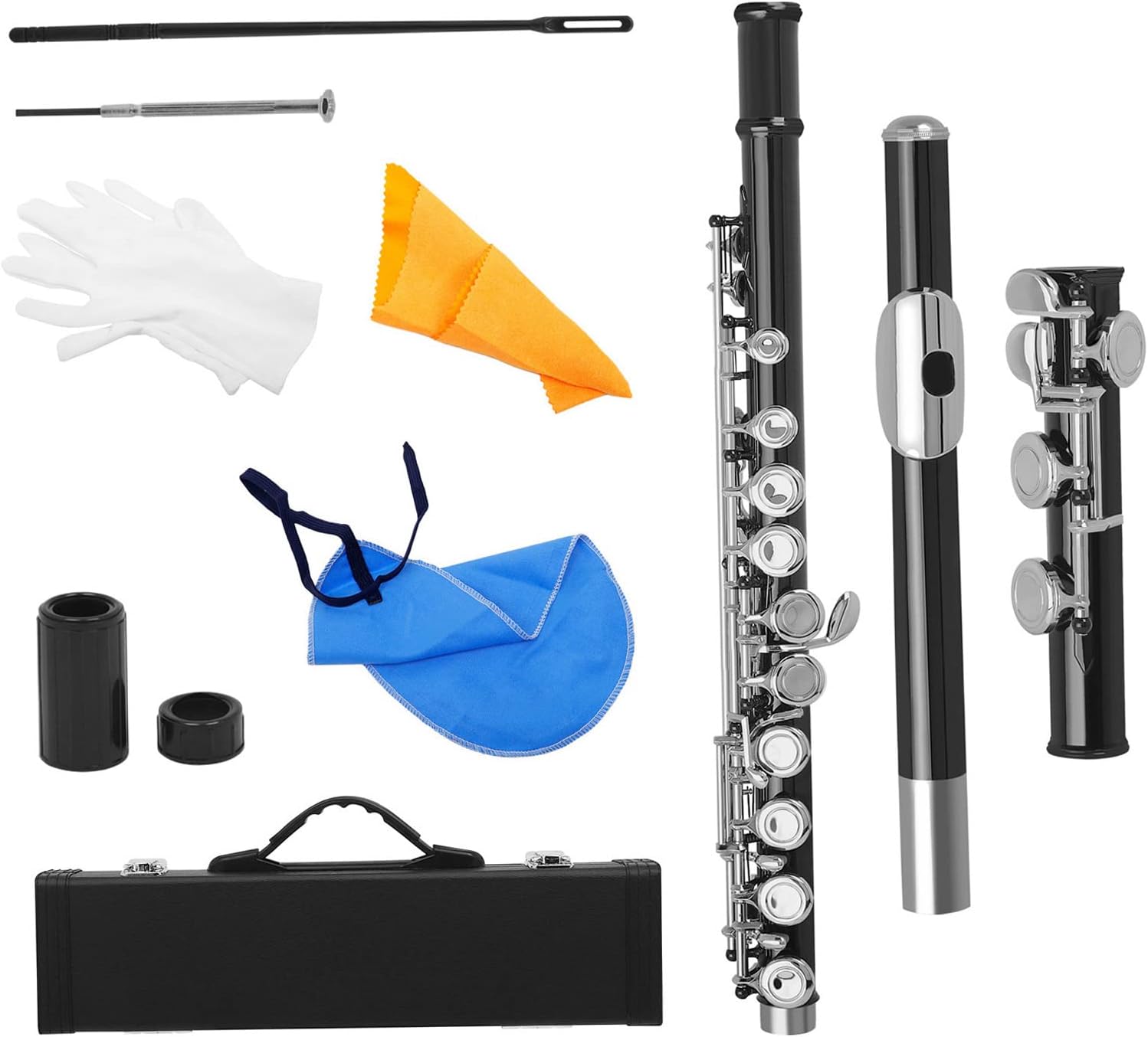 Flute, Cupronickel Nicke Plated 16 Holes C Key Woodwind Instrument with Cleaning Cloth Stick Gloves Mini Screwdriver Padded Case