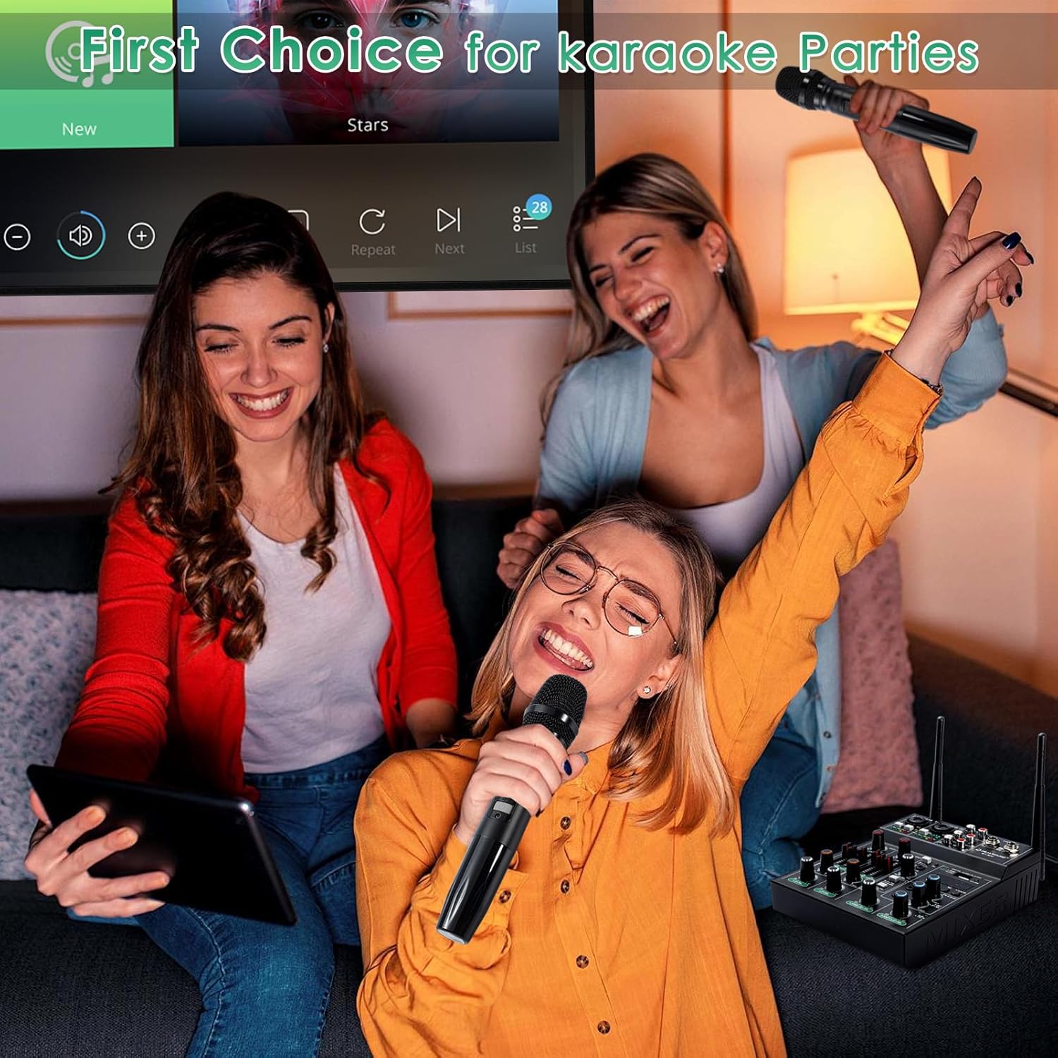 Pro 5 Channel Audio Mixer Mic Set for Live Streaming, Family Karaoke, Studio Recording, Bluetooth Dual Wireless Microphone System with USB Interface & 48V Phantom Power