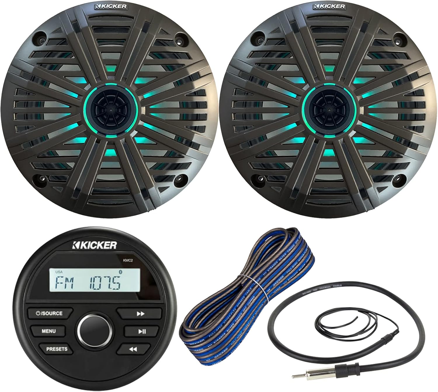 Kicker All-Weather Marine Gauge Style Bluetooth USB Stereo Receiver Bundle Combo with (Qty 2) 6.5