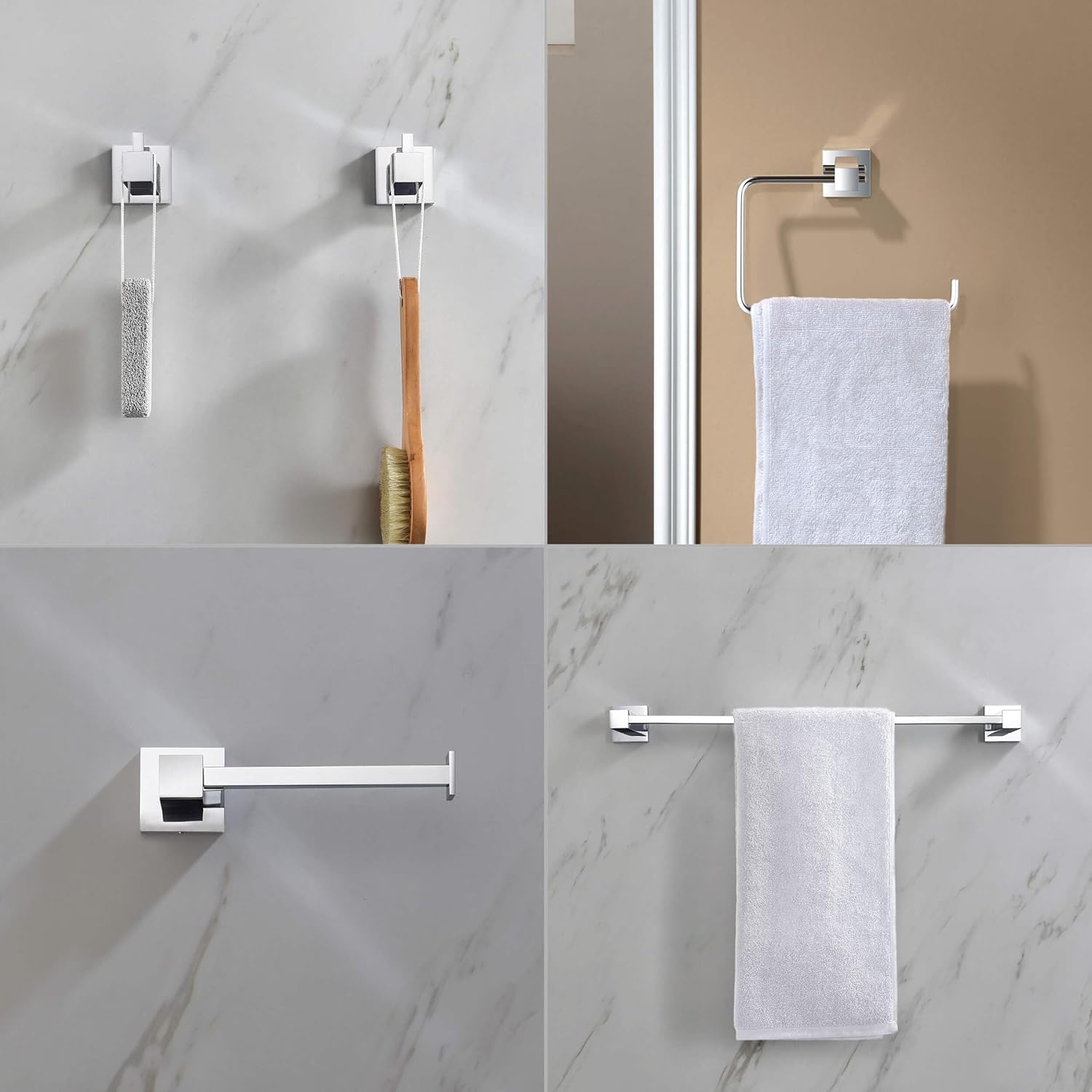 KIBI Cube 5-Piece Brushed Nickel Bathroom Hardware Set, Solid Brass Wall Mount Toilet Paper Holder & Towel Bar Set | Includes 18