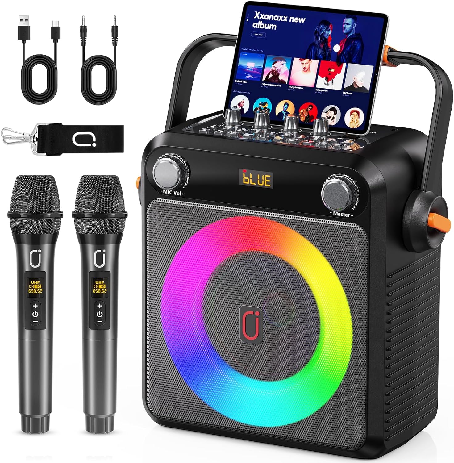 Karaoke Machine with 2 Wireless Microphones, Portable Bluetooth Karaoke Speaker for Adults, Karaoke Microphone with PA System, Bass/Treble Adjustment, Light for Home Party, Support USB/TF/AUX