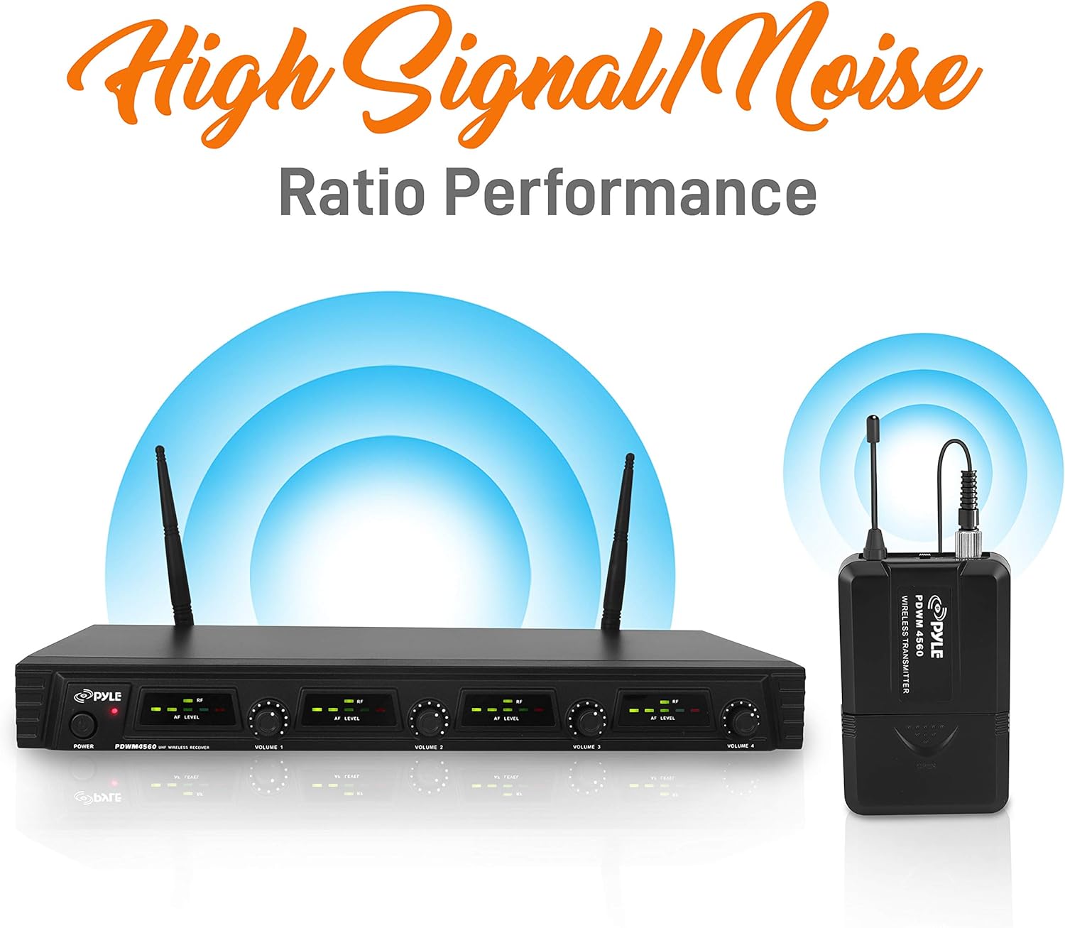 Pyle 4 Channel UHF Wireless Microphone System & Rack Mountable Base 4 Headsets, 4 Belt Packs, 4 Lavelier/Lapel MIC With Independent Volume Controls AF & RF Signal Indicators (PDWM4560),Black