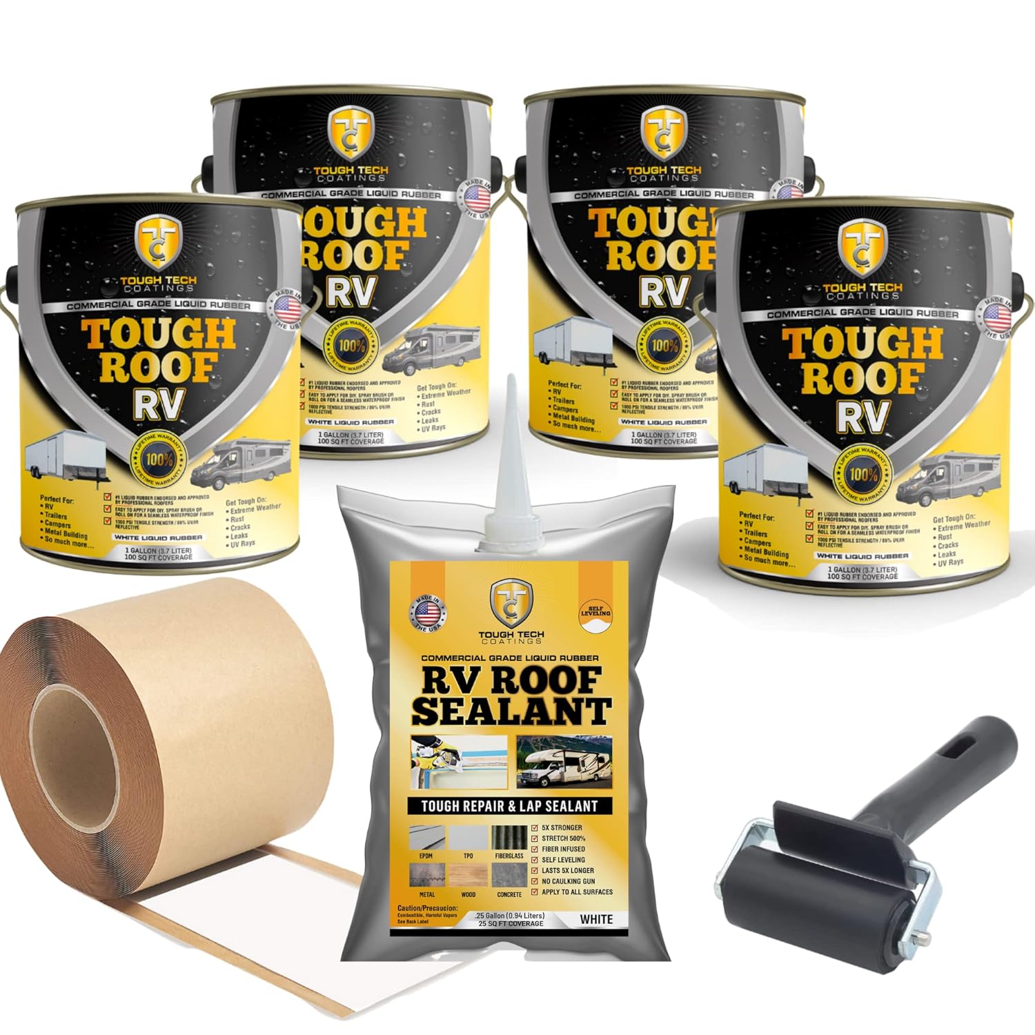 Tough Tech Coatings Roof RV Sealant Coating kit - Permanent RV Roof Waterproofing Kit - for All RVs, and Trailers Surfaces - 200 SQ FT Coverage - 87% Solar Reflective - 4 Gal Kit White