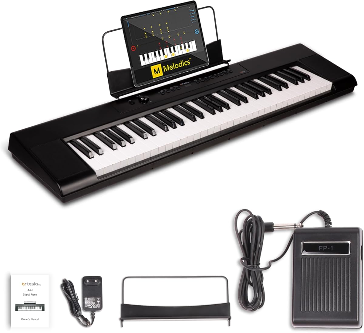 Artesia 61-Key Portable Digital Piano Keyboard with Full-Size Semi-Weighted Keys, Beginners Bundle with Sustain Pedal, Music Rack and Free Melodics Piano Lessons