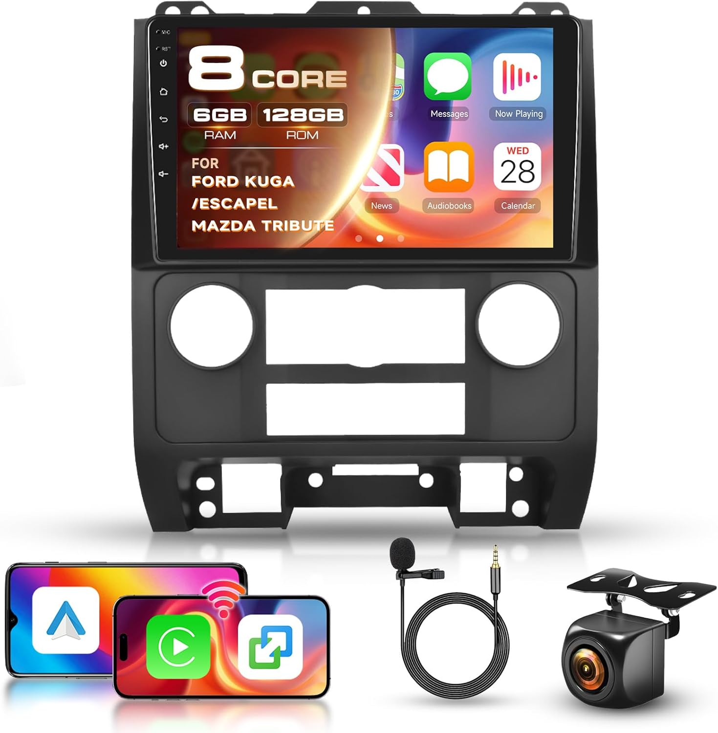 8 Core 6G 128G for Ford Escape Kuga 2007-2012/Mazda Tribute Radio Android 9 Inch Touchscreen Wireless Carplay Android Auto, Driauto Car Stereo Upgrade Bluetooth DSP GPS Navigation WiFi FM/RDS Camera