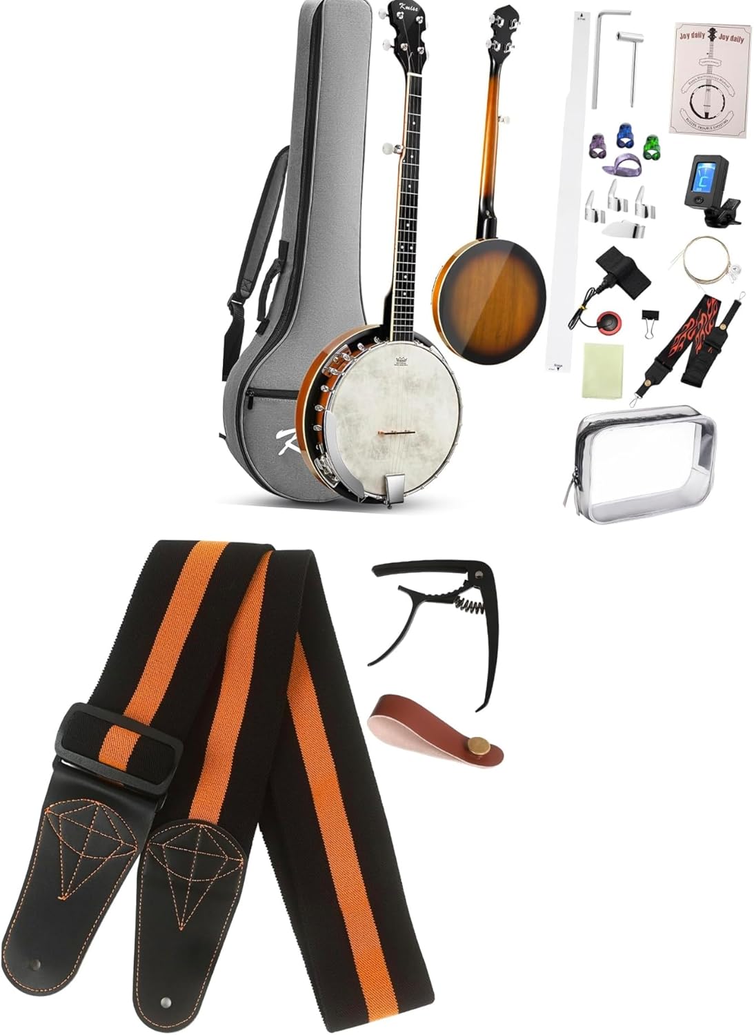 Banjo, Kmise 5 String Beginner Banjo 38 inch Full Size with Remo Head Closed Back and Kmise Stretchy Adjustable Guitar Strap with Guitar Capo and Strap Button