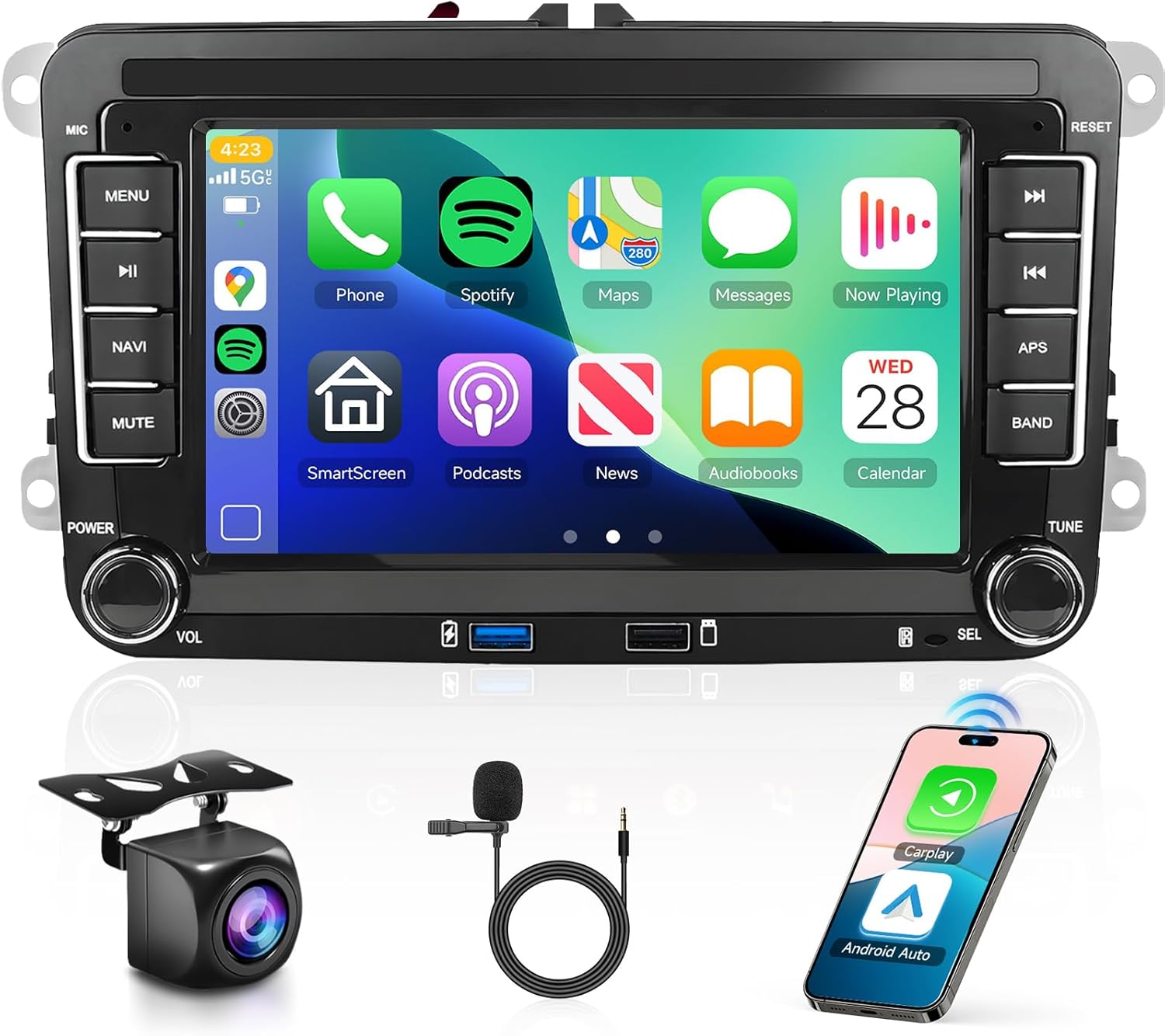 2G+64G Android for VW Jetta Seat Passat Tiguan CC Golf Skoda Double Din Car Stereo with Wireless Carplay/Android Auto 7 Inch HD Touchscreen Head Unit GPS WiFi Bluetooth SWC FM Backup Camera Dual Mic