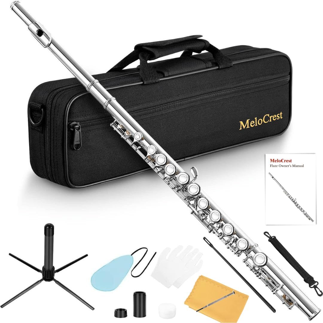 Nickel Plated Closed Hole Flute for Beginner Student and School Orchestra Band, 16 Keys C Flute with Carrying Case, Stand, Gloves, Cleaning Kit & Tuning Rod and More