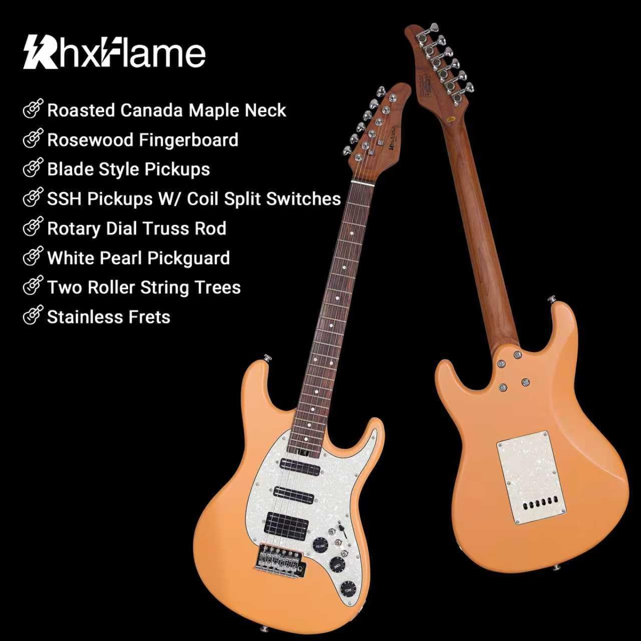 6 String Electric Guitar for Beginners & Intermediate with Coil Split Switches, White Pearl Pickguard, Roasted Maple Neck, SSH Pickups, Rotary Dial Truss Rod (Orange)