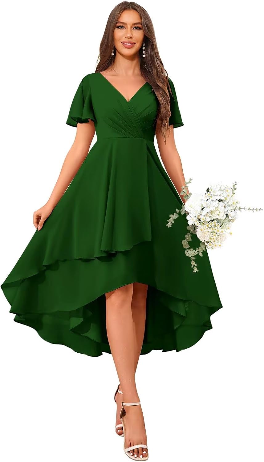 Sukleet V Neck Flutter Sleeves Bridesmaid Dresses for Women Chiffon High Low Formal Cocktail Dress