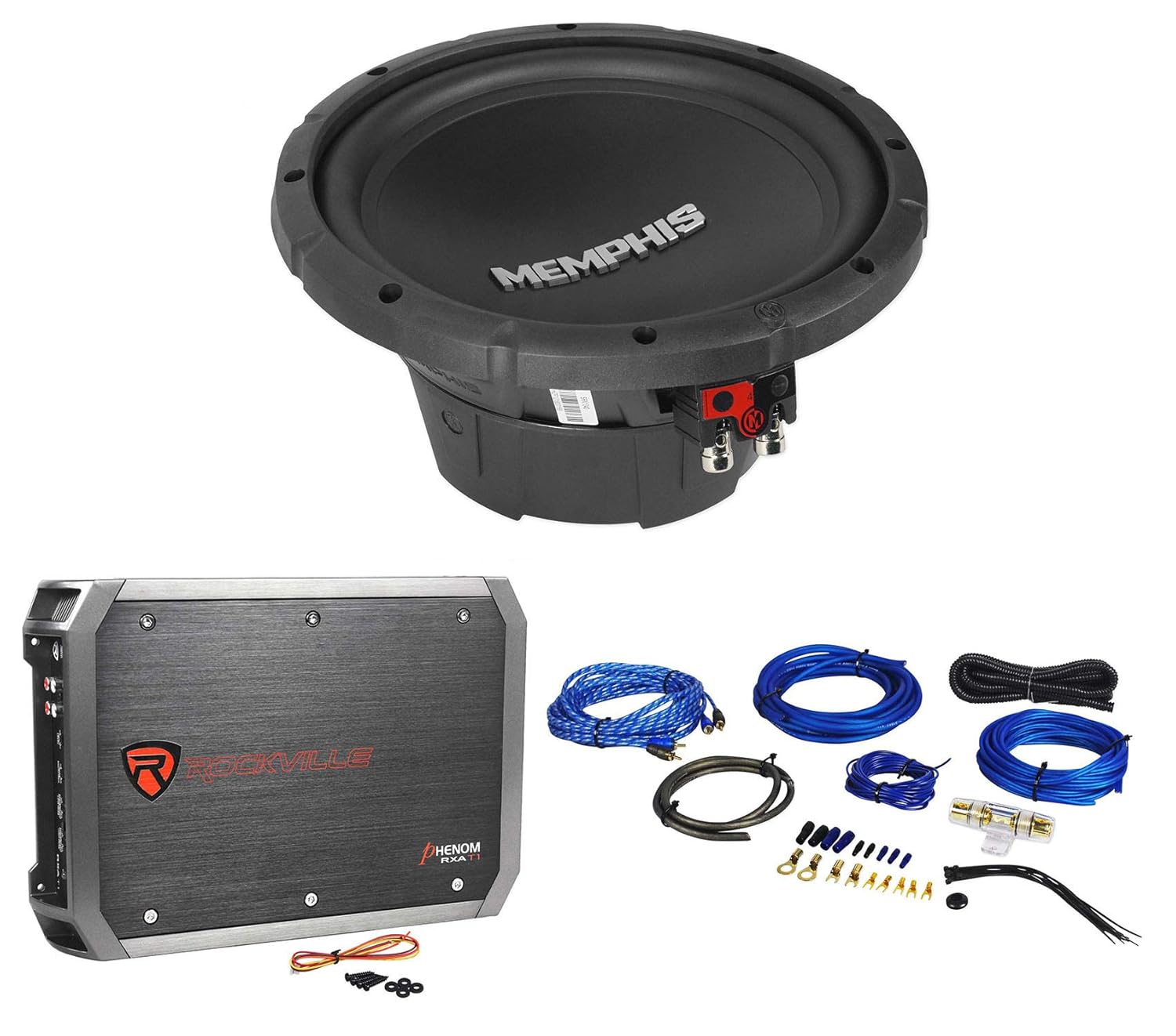 Rockville RWK81 8 Gauge Complete Amp Installation Wire Kit with 100% Copper RCA Bundle with RXA-T1 Peak/375w RMS 2 Channel Amp Car Stereo Amp and Memphis Audio SRX1040 SRX Car Sub (3 Items)
