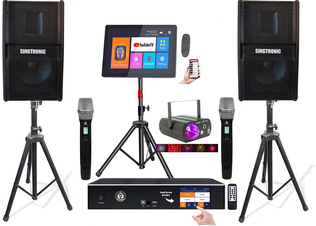 Singtronic 2500W Complete Karaoke System – 50,000 Preloaded Songs + Unlimited YouTube | Select Songs via App on Phone/Tablet | Wireless Mics, Digital Mixer & Class D Amp
