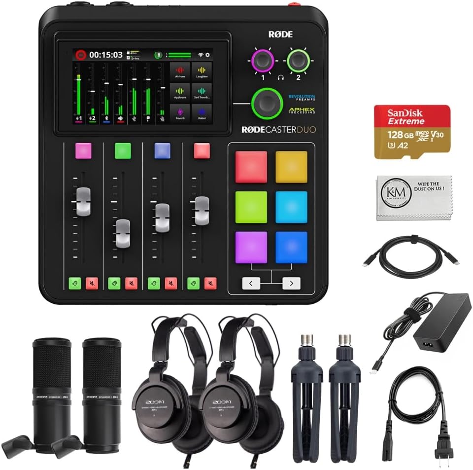 Rode RODECaster Duo Integrated Audio Production Studio (Black) Bundled with 2 x Podcast Mic Packs + 128GB Micro-SD Card + Cleaning Cloth (5 Items)