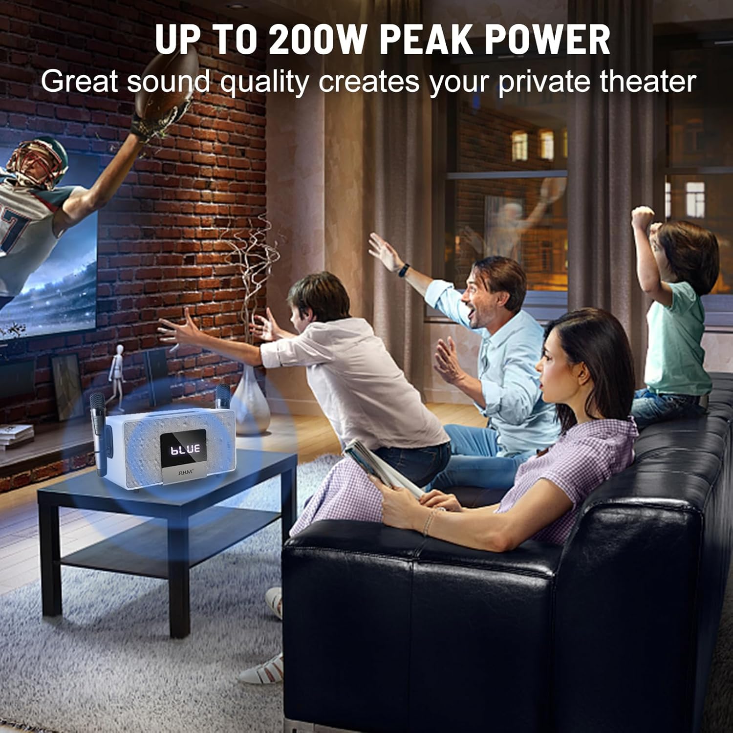 RHM K222 Karaoke Machine, Connect to TV via Optical or Bluetooth, with Powerful Sound, Deep Bass, 2 UHF Wireless Mics & 5 Music Modes, Support AUX/USB/PC, Wooden Karaoke Speaker for Home Party