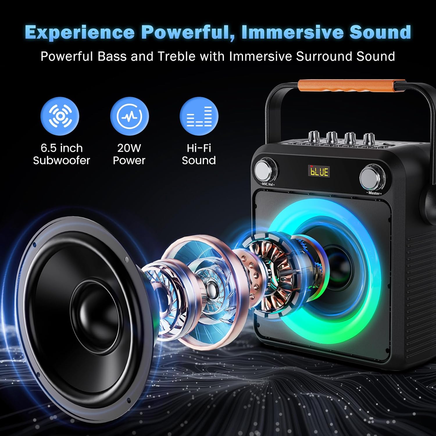 Karaoke Machine with 2 Wireless Microphones, Portable Bluetooth Karaoke Speaker for Adults, Karaoke Microphone with PA System, Bass/Treble Adjustment, Light for Home Party, Support USB/TF/AUX