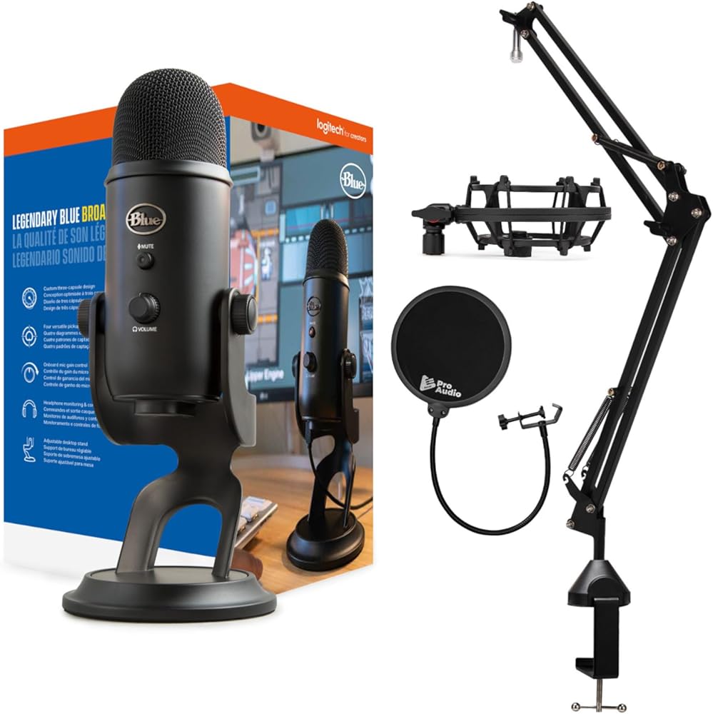 Blue Yeti Microphone (Blackout) Bundle with Boom Arm Stand, Pop Filter and Shock Mount (4 Items)