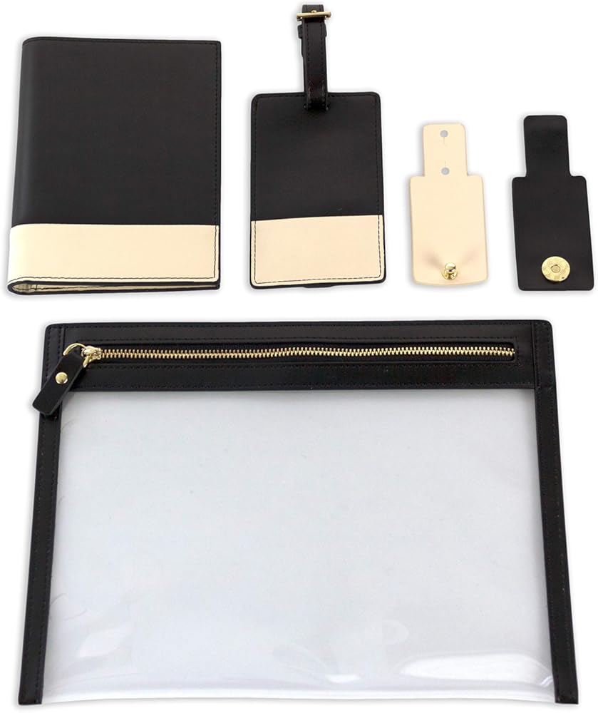 Jet&Bo Leather Travel Pouch Set: Black Leather Pouch, Passport Holder RFID, Luggage Tag, Cord Organizers